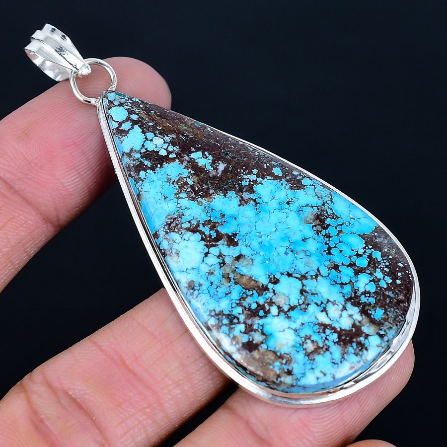 Excellent Tibetan Turquoise Gemstone 925 Sterling Silver Pendant 2.87″