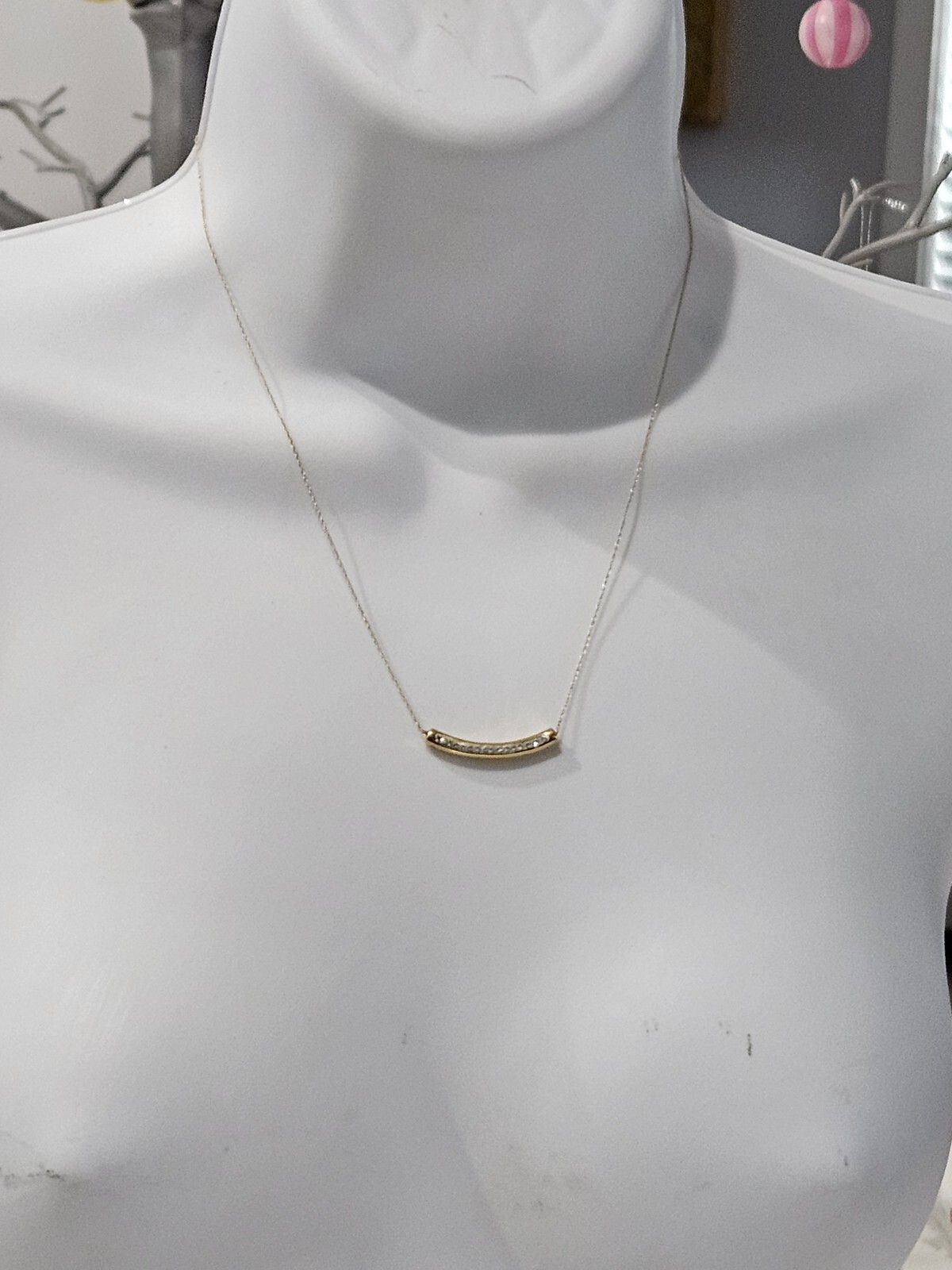 Signed SLC 14k Yellow Gold Hollow Resin Core CZ DESIGN Bar Pendant Necklace 18″