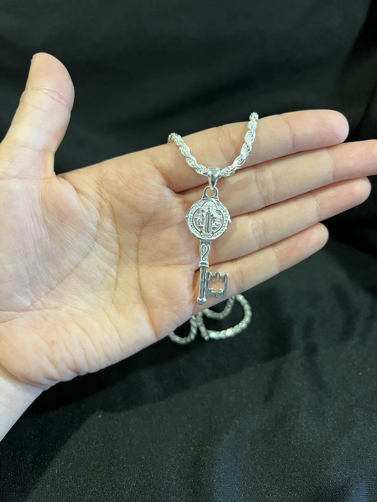 925 Sterling Silver Mens St Benedict Key San Benito Llave & Rope Chain 22 26 30