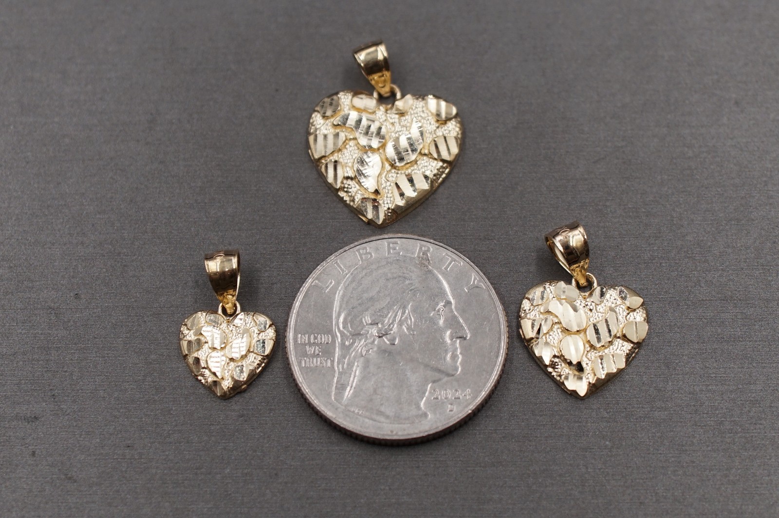 10K Solid Yellow Gold Diamond Cut Nugget Heart Charm Pendant. 3 Sizes