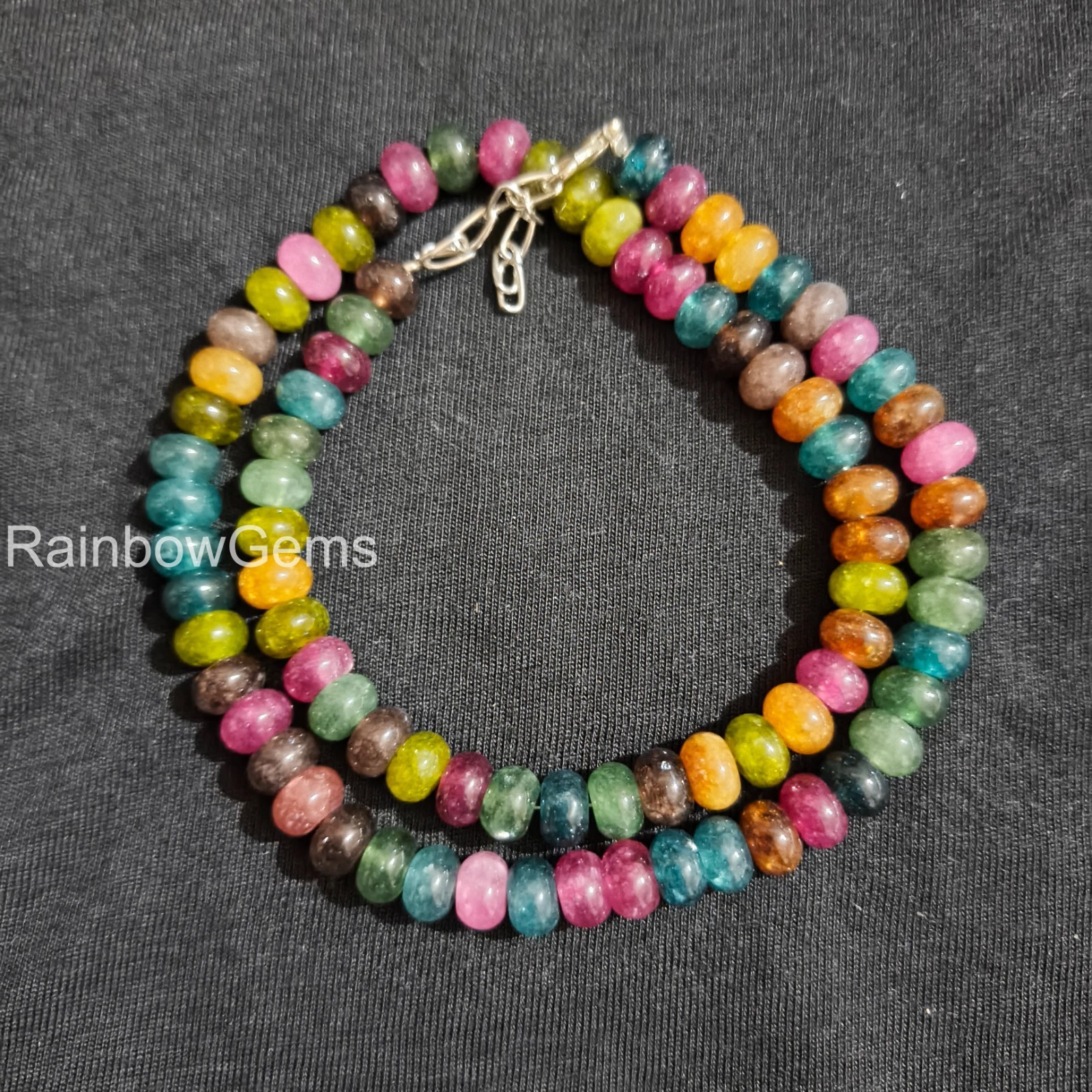 8mm Rainbow Candy Gemstone Beads Necklace, Smooth Rondell Multi Color Beads, Nat