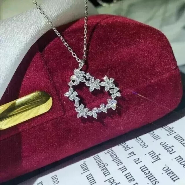 2C Heart Lab Created Diamond Pendant 14K White Gold Over Valentine Gift For Her
