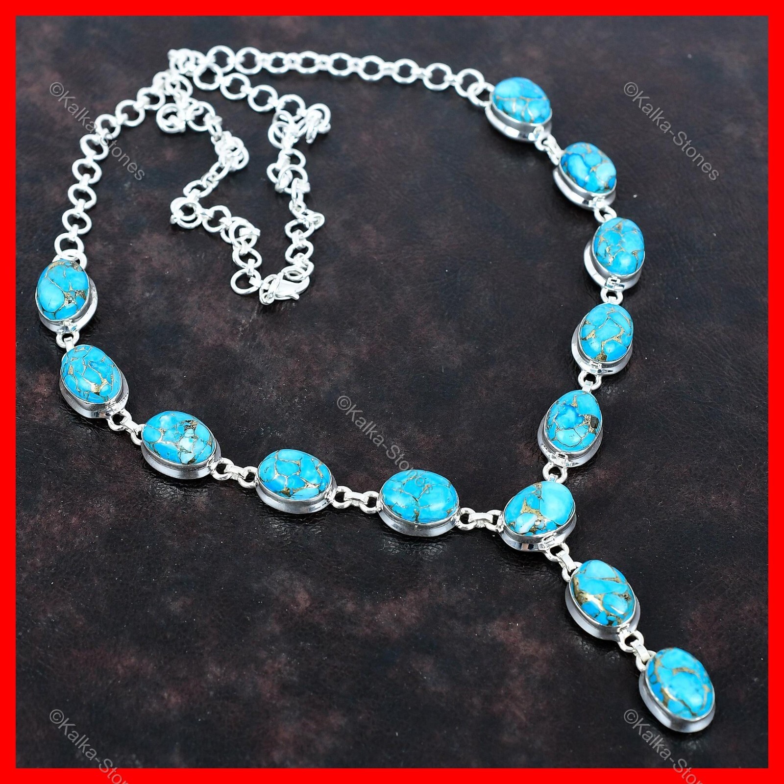 Copper Blue Turquoise Stone Chain Mother Trendy Necklace Jewelry Sterling Silver