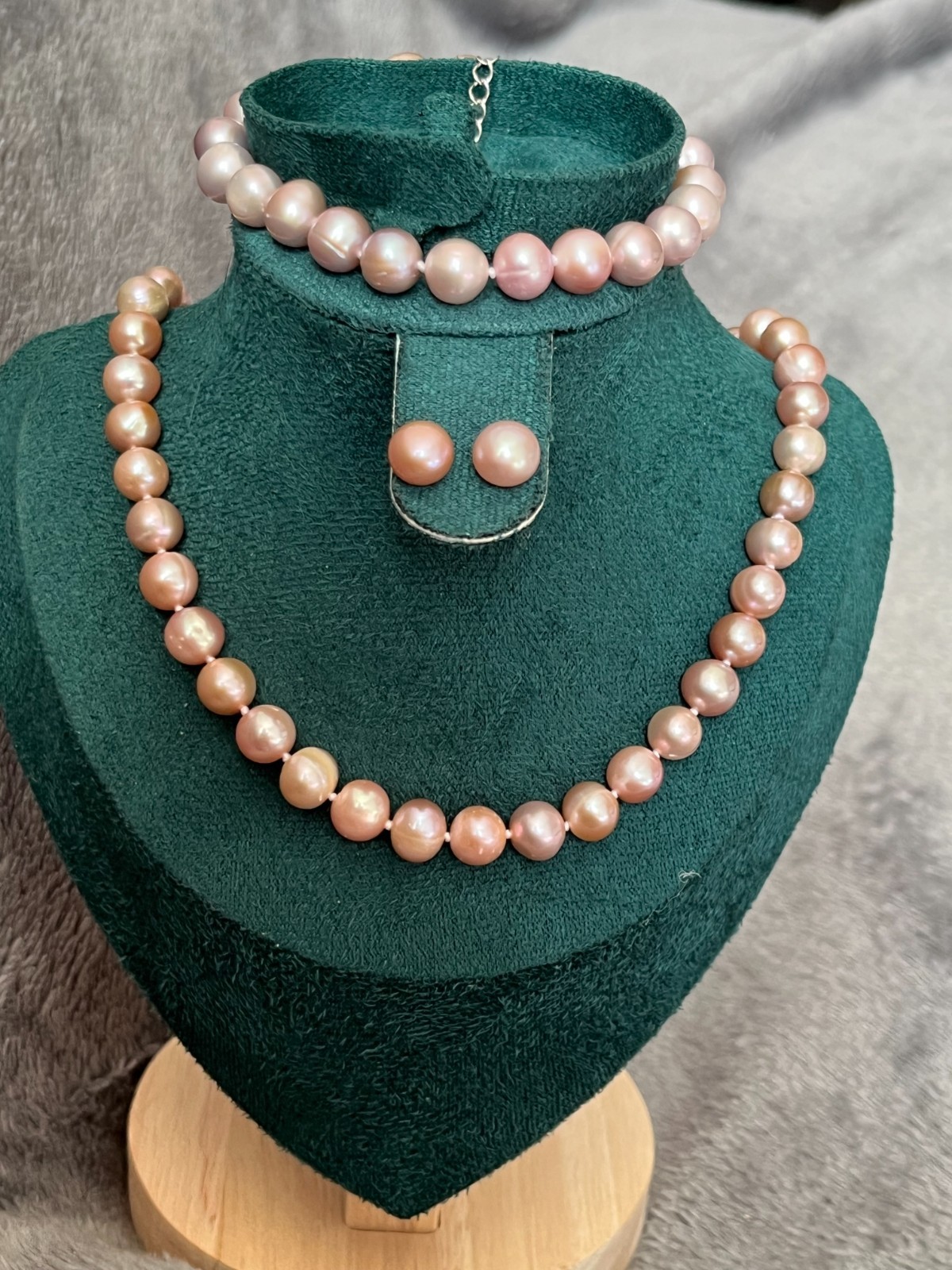 7.4mm-8.5mm Lavender Pearl Necklace Bracelet Earrings Set 45-50/19-24cm S925