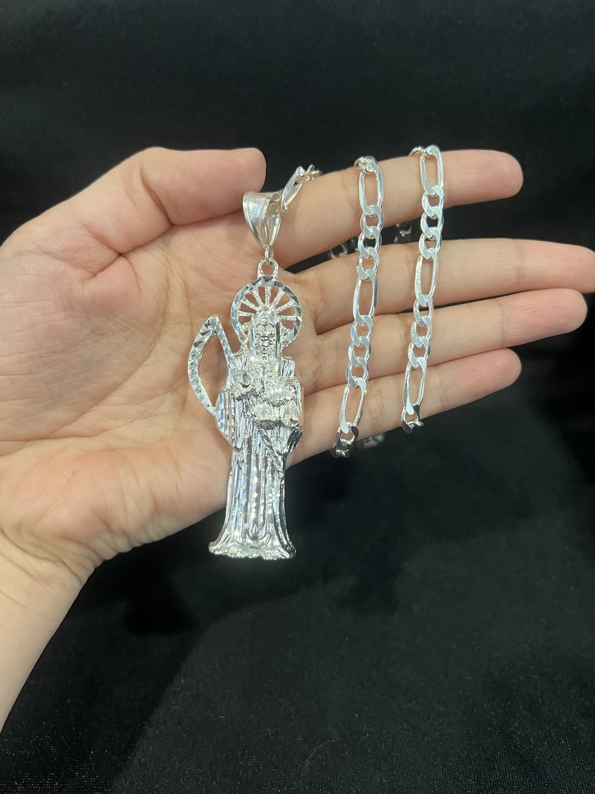 925 Sterling Silver BIG Men Women Santa Muerte Grim Reaper Figaro Chain 20 26 30