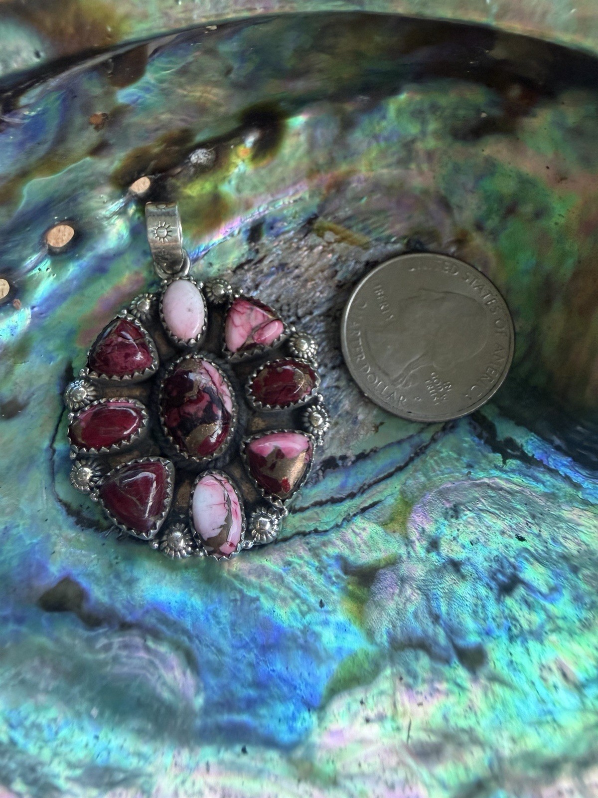 925 Sterling Silver Red Dahlia Turquoise 8-Stone Cluster Round Pendant