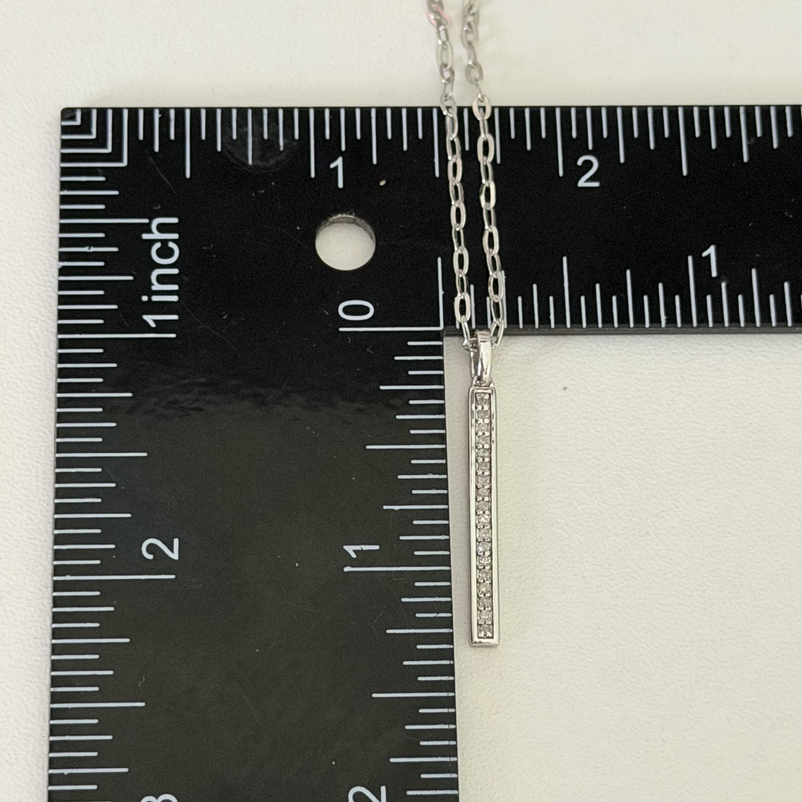 925 Italy Sterling Silver Genuine Diamond Pave Thin Bar Pendant Necklace 18″