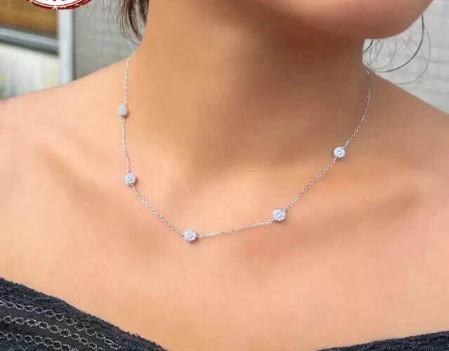 3Ct Round Lab Created Diamond Women’s Station Necklace 14K White Gold Plated 18″