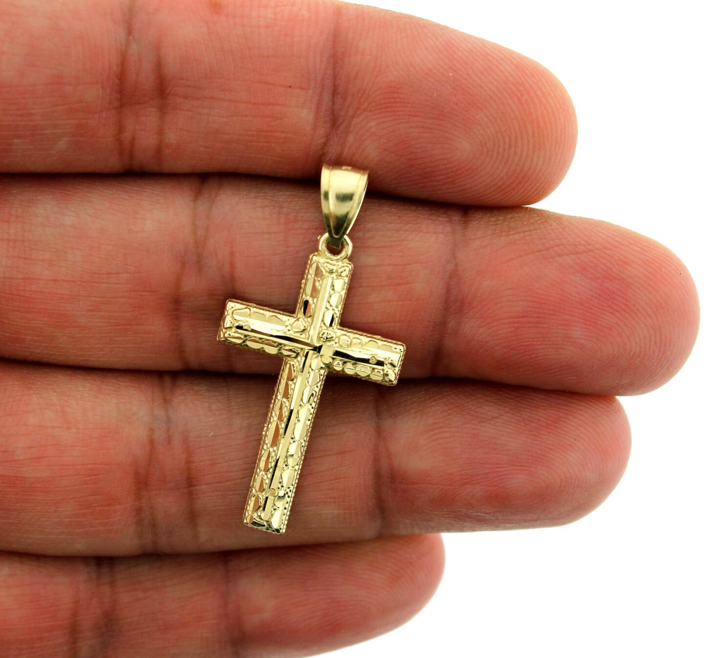 Mens 10K Yellow Gold Diamond Cut Nugget Cross Charm Pendant, 10KT Real Gold