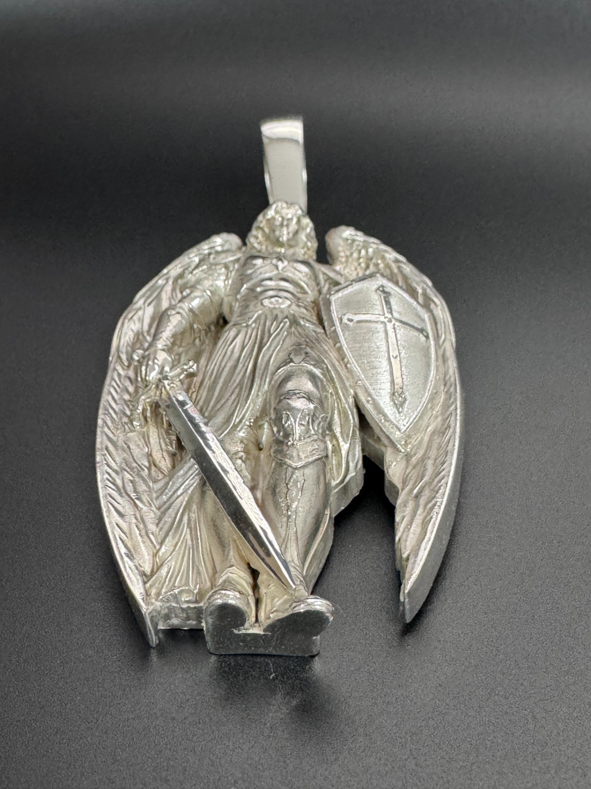 Saint Michael Warrior Angel 4″ Large Heavy Charm Pendant 108.5gm Silver .925