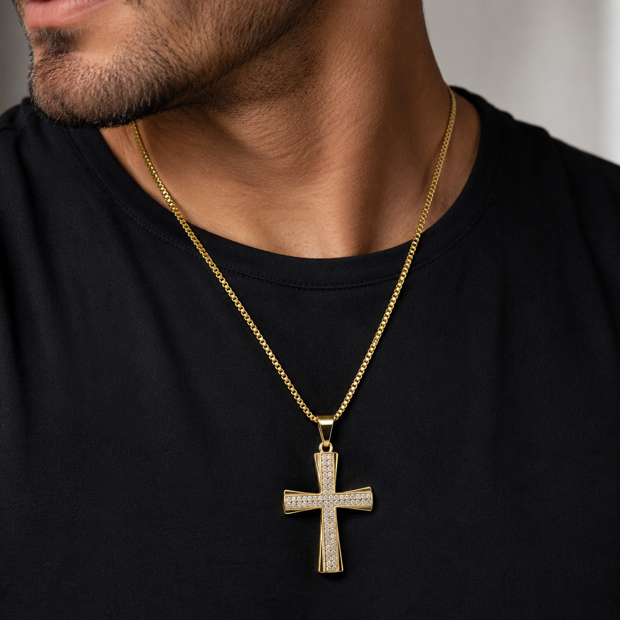 Italian 1/200 Iced CZ Two Row 14k Yellow Gold Oro Cross Pendant Cadena Men Women