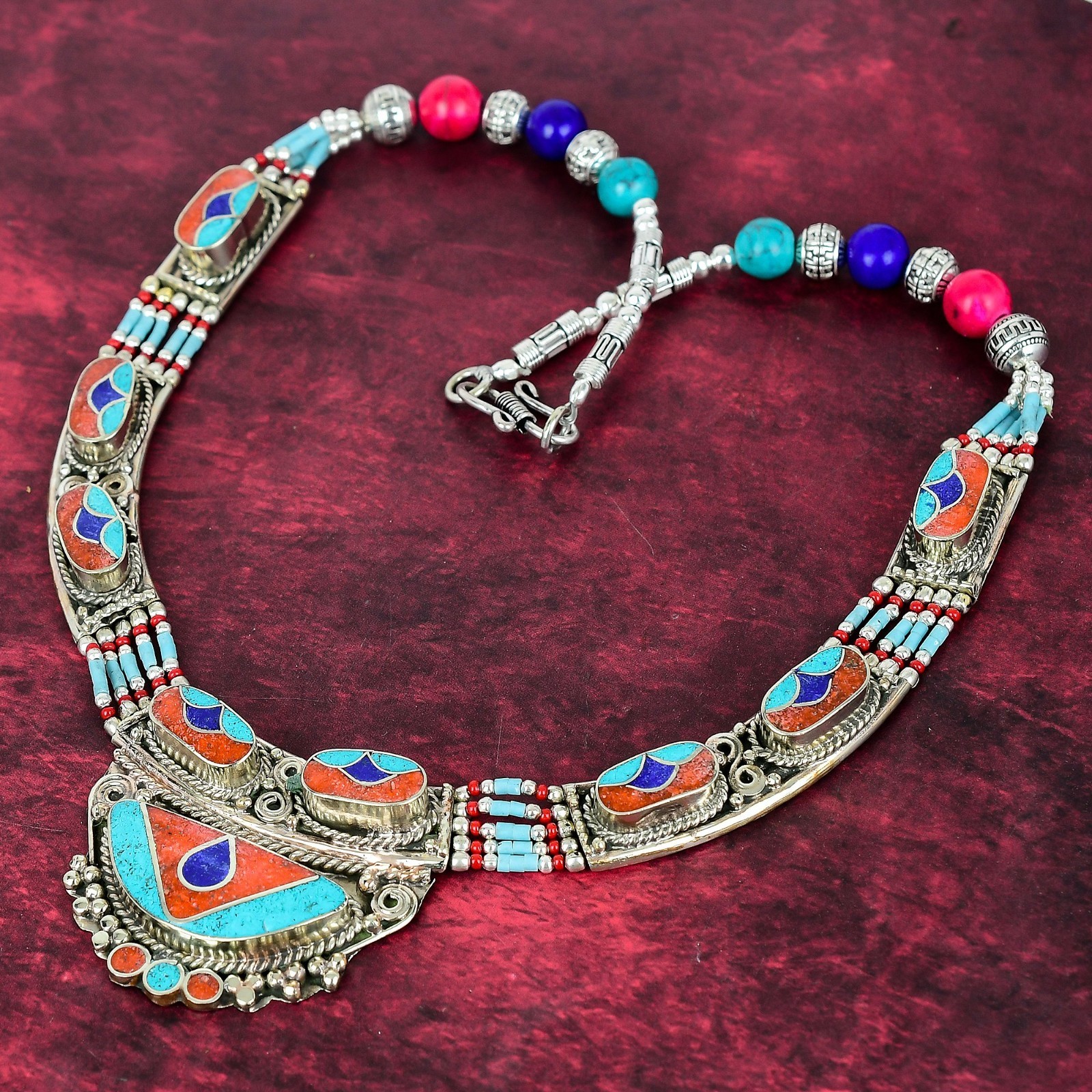 Turquoise & Coral Gemstone Handmade 925 Sterling Silver Nepali Jewelry Necklace