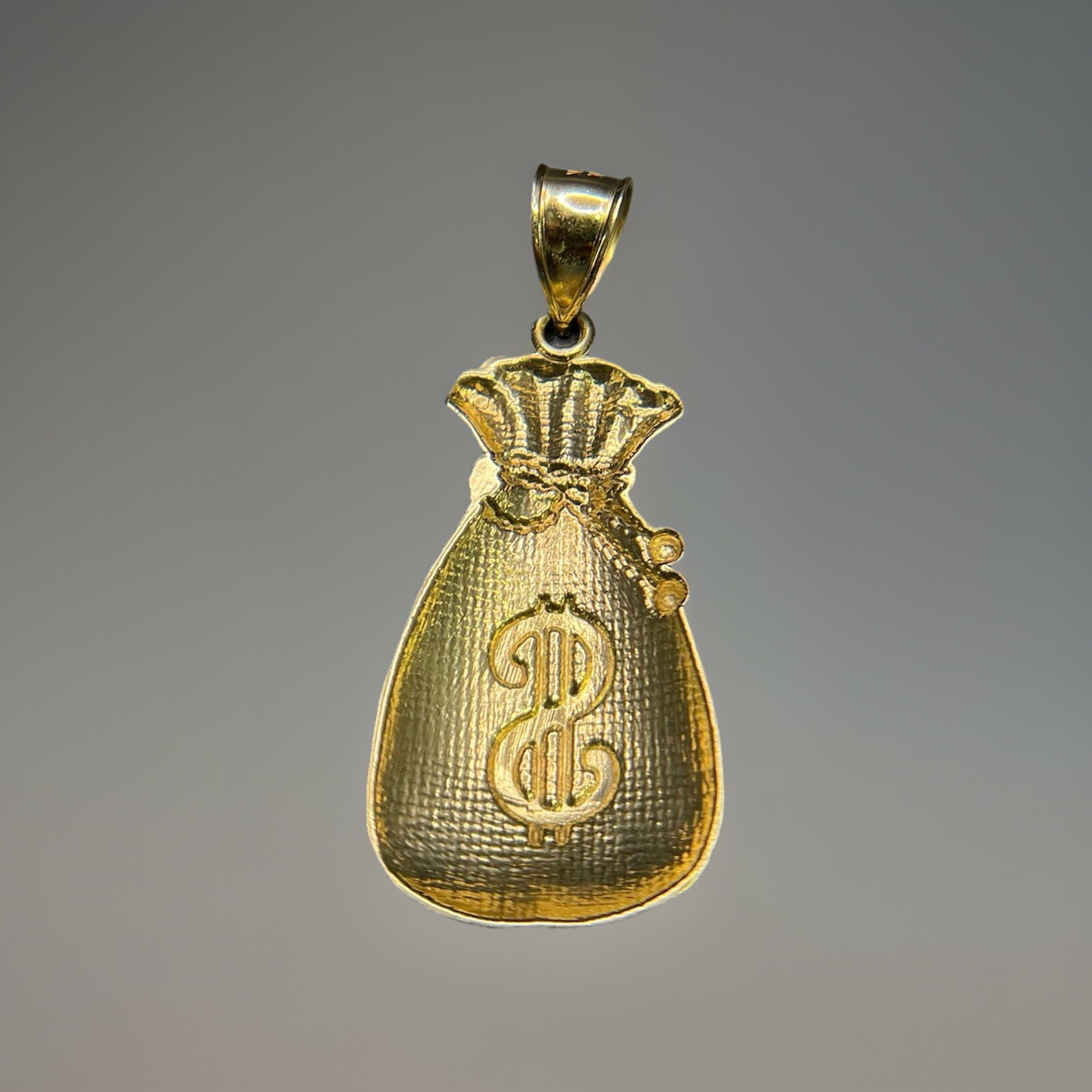 10K Solid Yellow Gold Dollar Sign Diamond Cut Lucky Money Bag Charm Pendant 4.6g