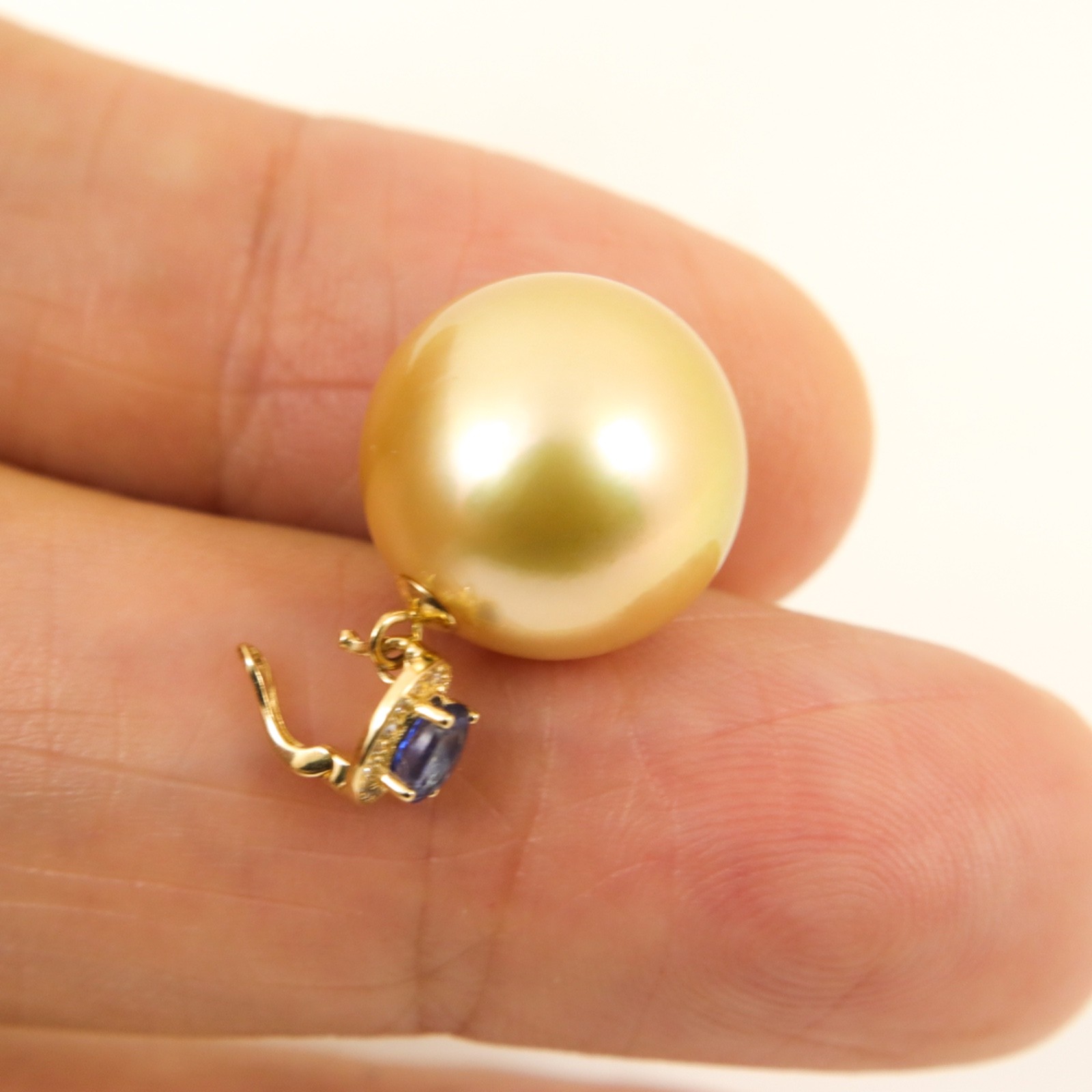 Massive 14mm Natural Golden South Sea Pearl Pendant w. Diamonds & Sapphire #113P