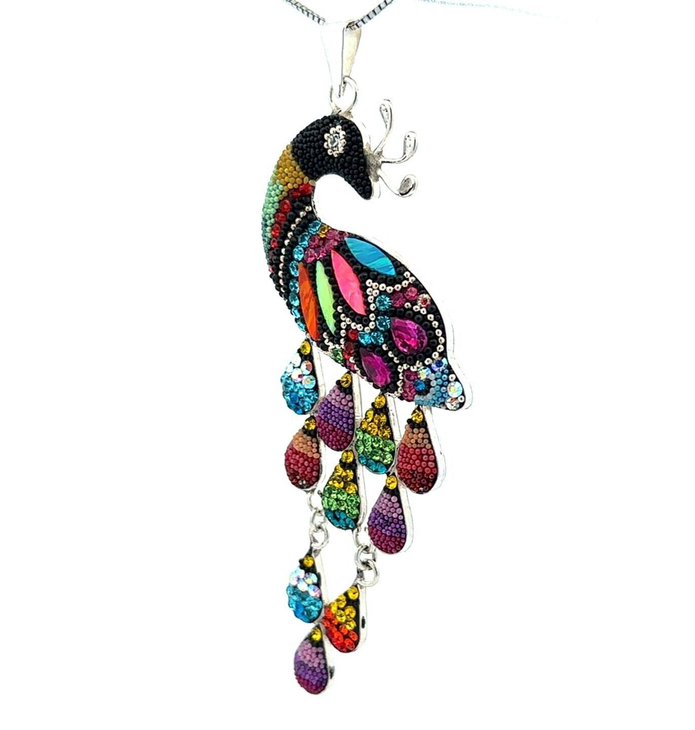 Sterling Silver Peacock Necklace With Austrian Crystal (1 1/2 x3 1/2 Inch)