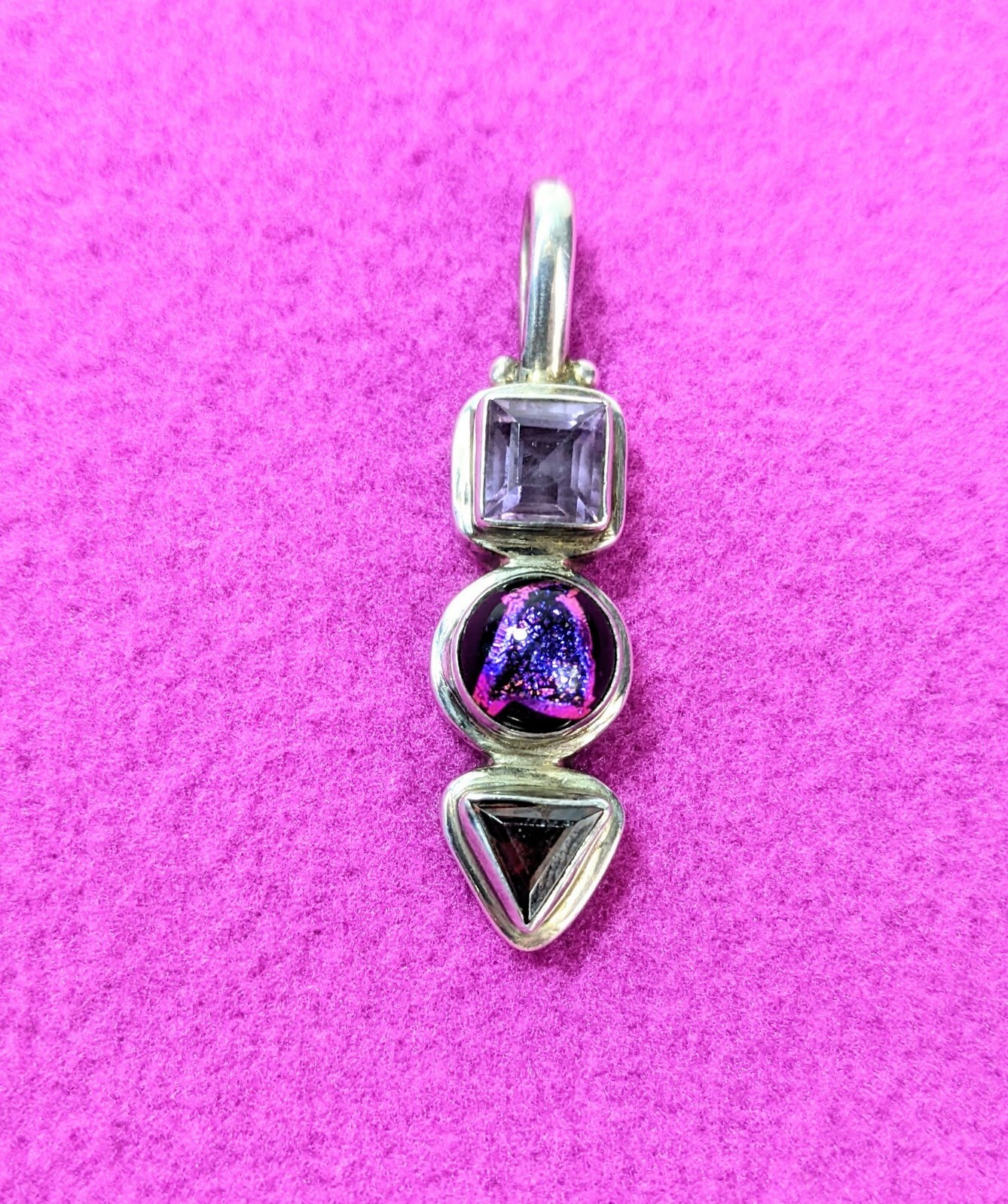 Vintage 3 Stone Sterling Multi Cut Purple Gemstone 1½” Drop Dangle PENDANT