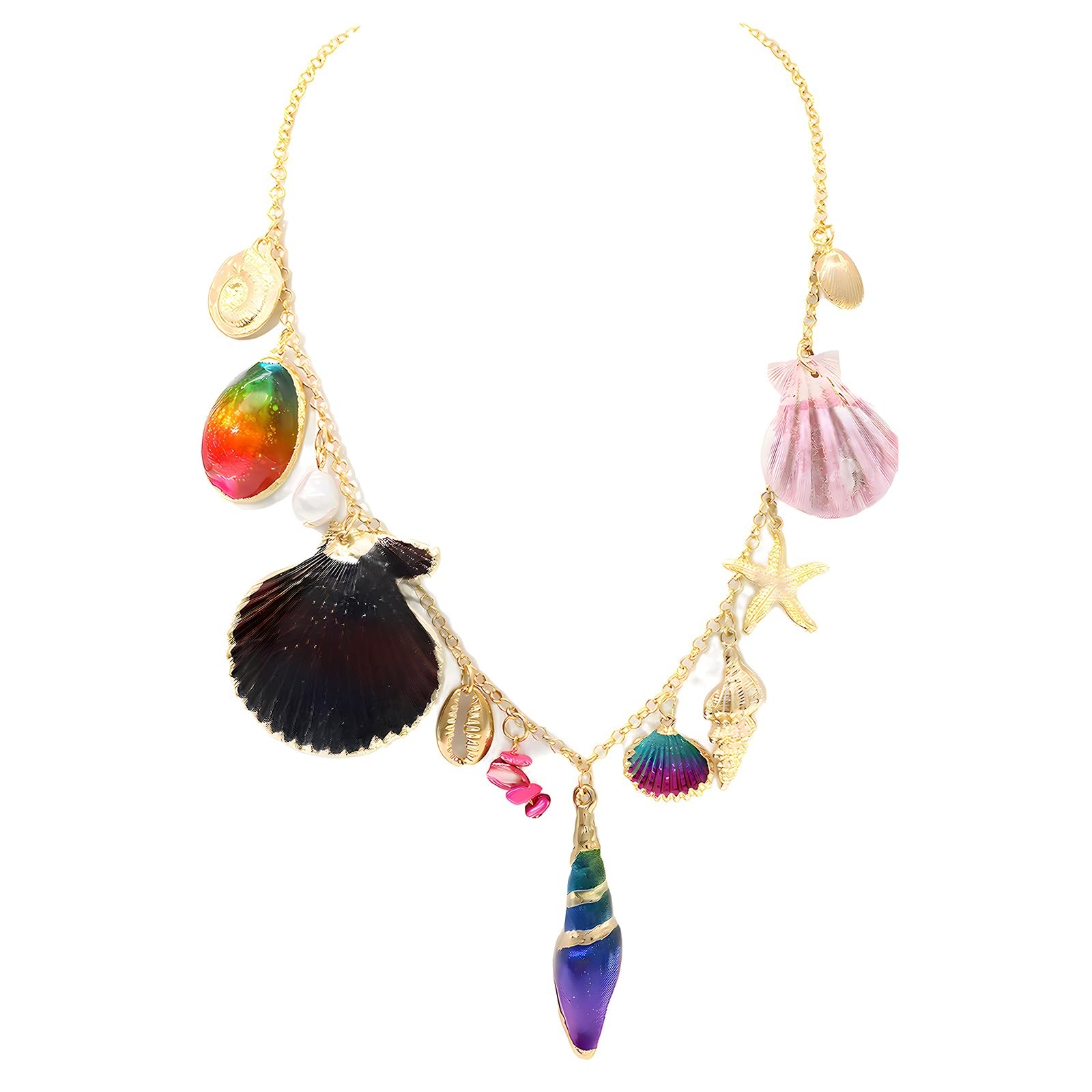 Multi Charm Necklace for Women Chunky Gold Plated Paperclip Chain Choker Ne – 04