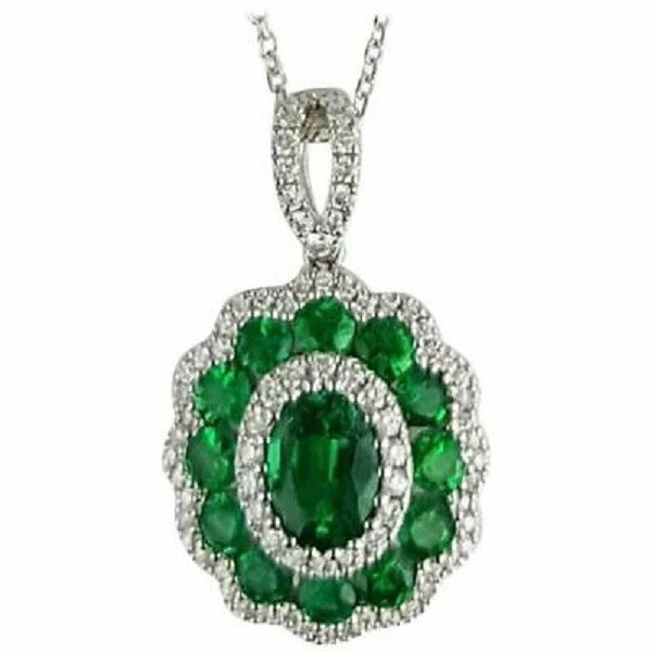 3Ct Oval Lab Created Emerald Halo Charm Pendant 14K White Gold Over Free Chain