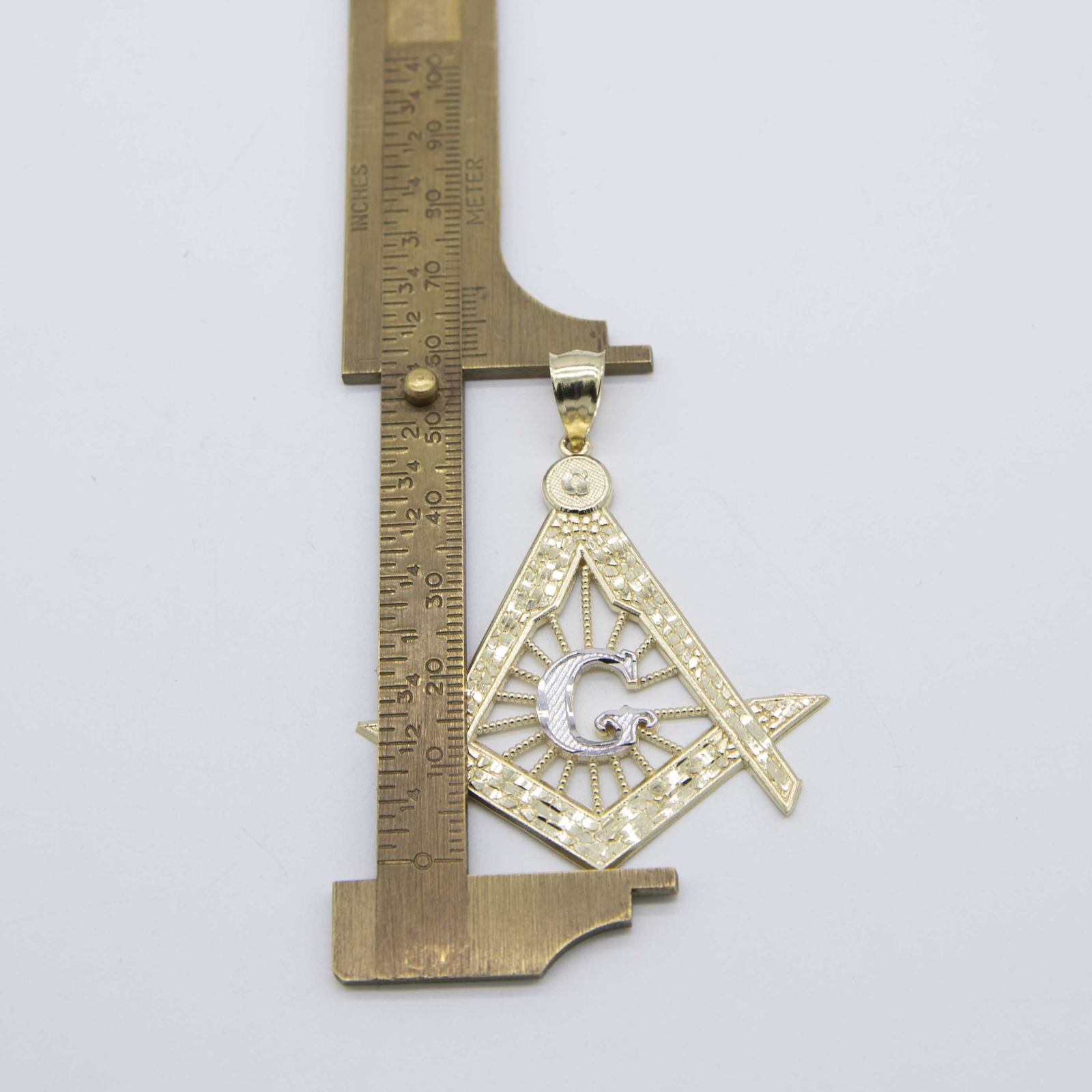 2 1/4″ The Square and Compasses Masonic Pendant 10K Yellow White Gold