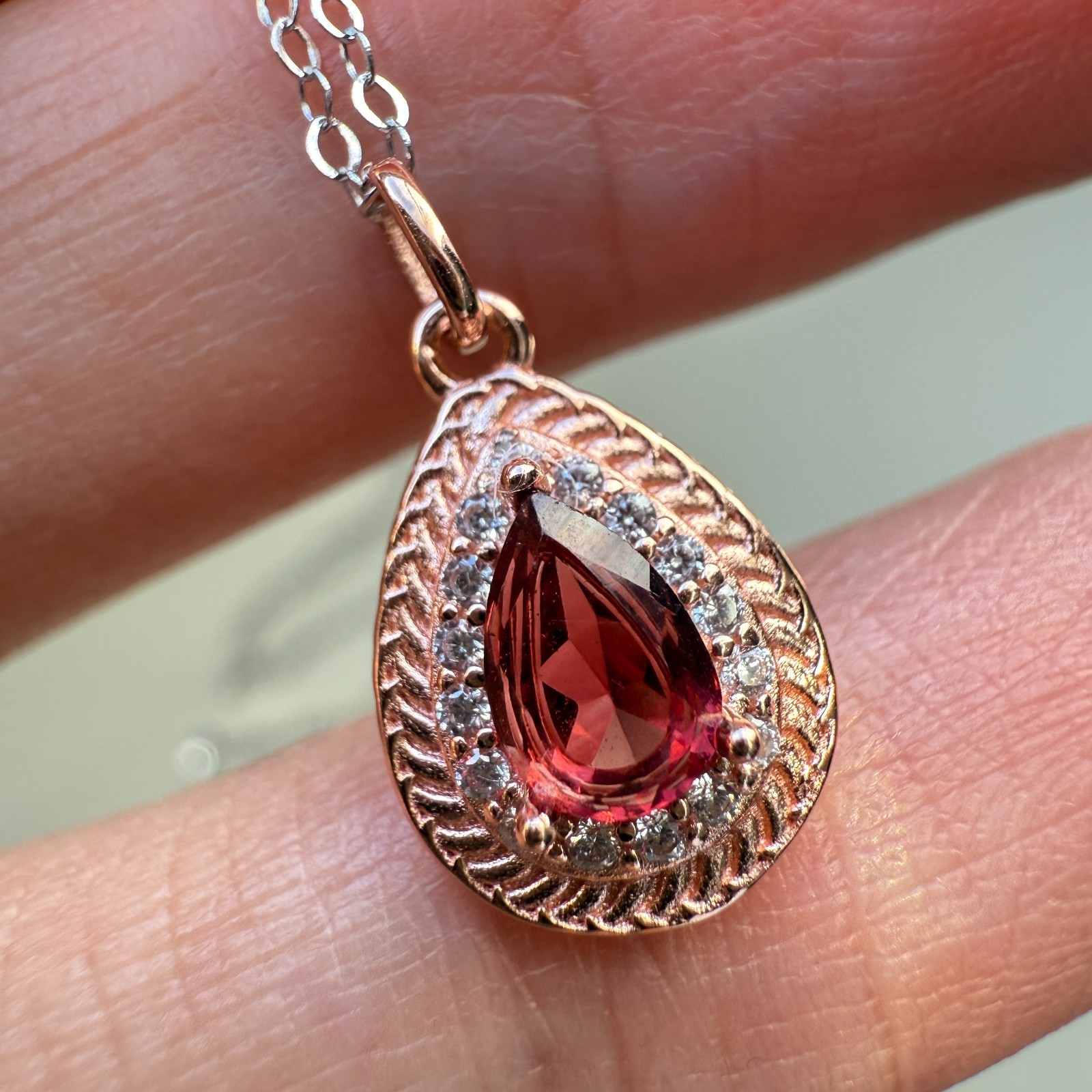 925 Sterling Silver Necklace 6x4mm Natural Garnet Gemstone Zircon Handmade Chain