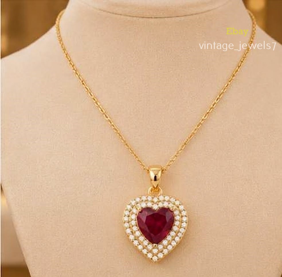 14K Yellow Gold Finish 2CT Heart Cut Genuine Real Ruby Pendant Double Halo