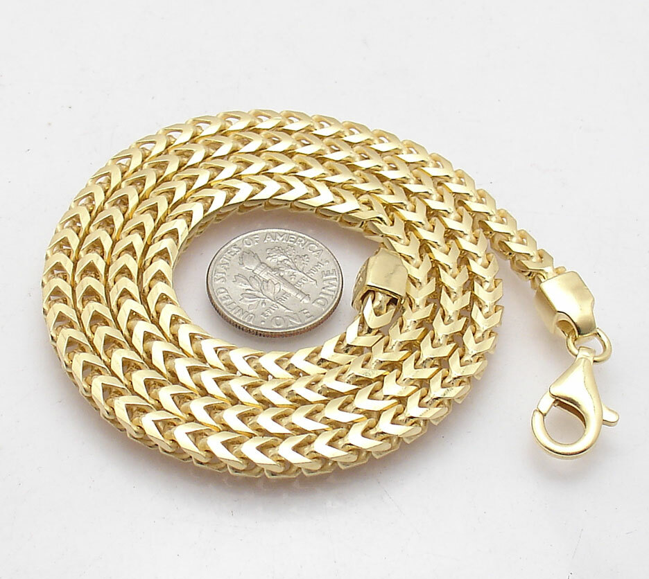 4mm Italian Mens Franco Chain Necklace Solid 14K Yellow Gold Plated 925 Silver