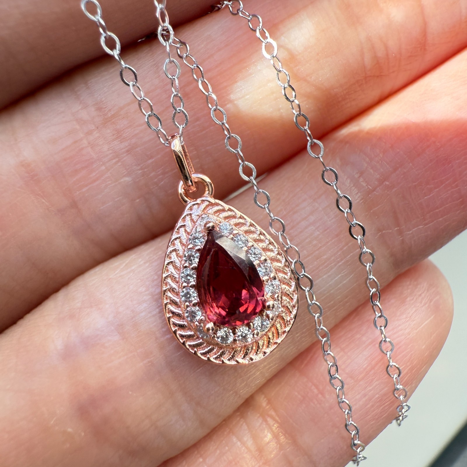 925 Sterling Silver Necklace 6x4mm Natural Garnet Gemstone Zircon Handmade Chain