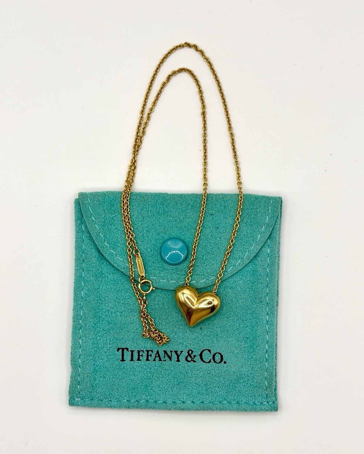 Tiffany & Co. 18K Yellow Gold Heart Charm Pendant Necklace Cable Chain