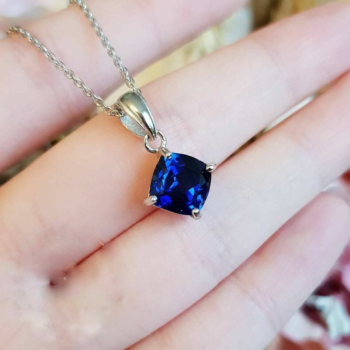 2Ct Natural Blue Sapphire Pendant Necklace With Chain 14k White Gold Plated