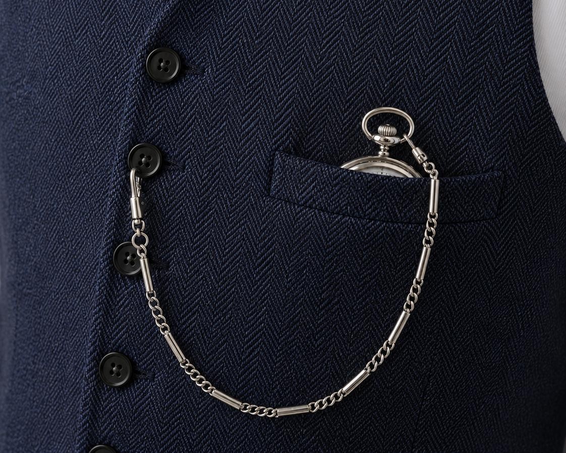 Vintage Sterling Silver 14″ Curb & Bar Link Pocket Watch Chain w/ Dog Clip