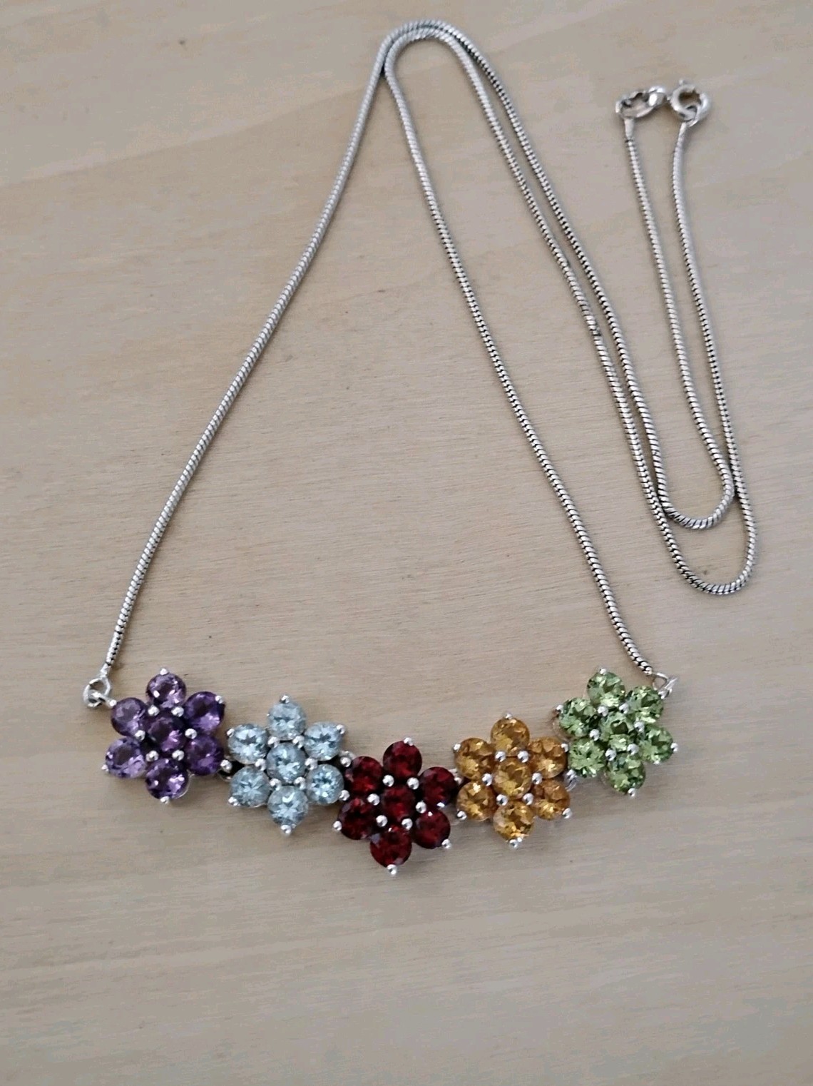 Thai Sterling Silver 925 Multi-Gem Floral Necklace Garnet Amethyst Topaz 20.5″