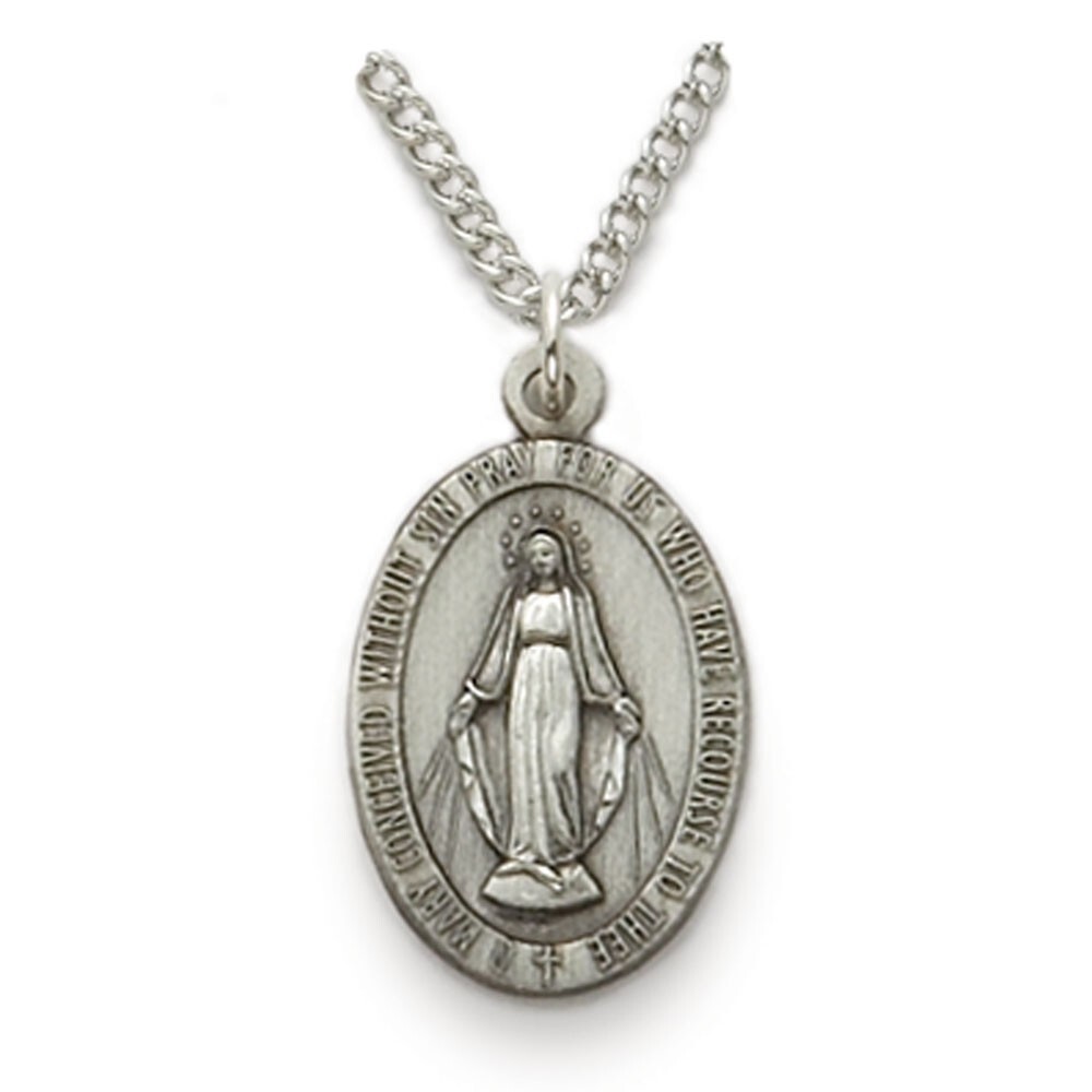 925 Sterling Silver Antiqued Miraculous Medal Mary Pendant Necklace Made In USA