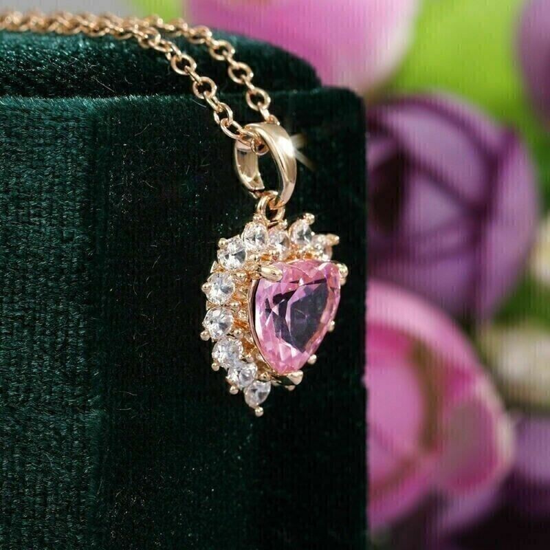 4CT Heart Lab Created Pink Sapphire Women Pendant 14K Yellow Gold Plated Silver