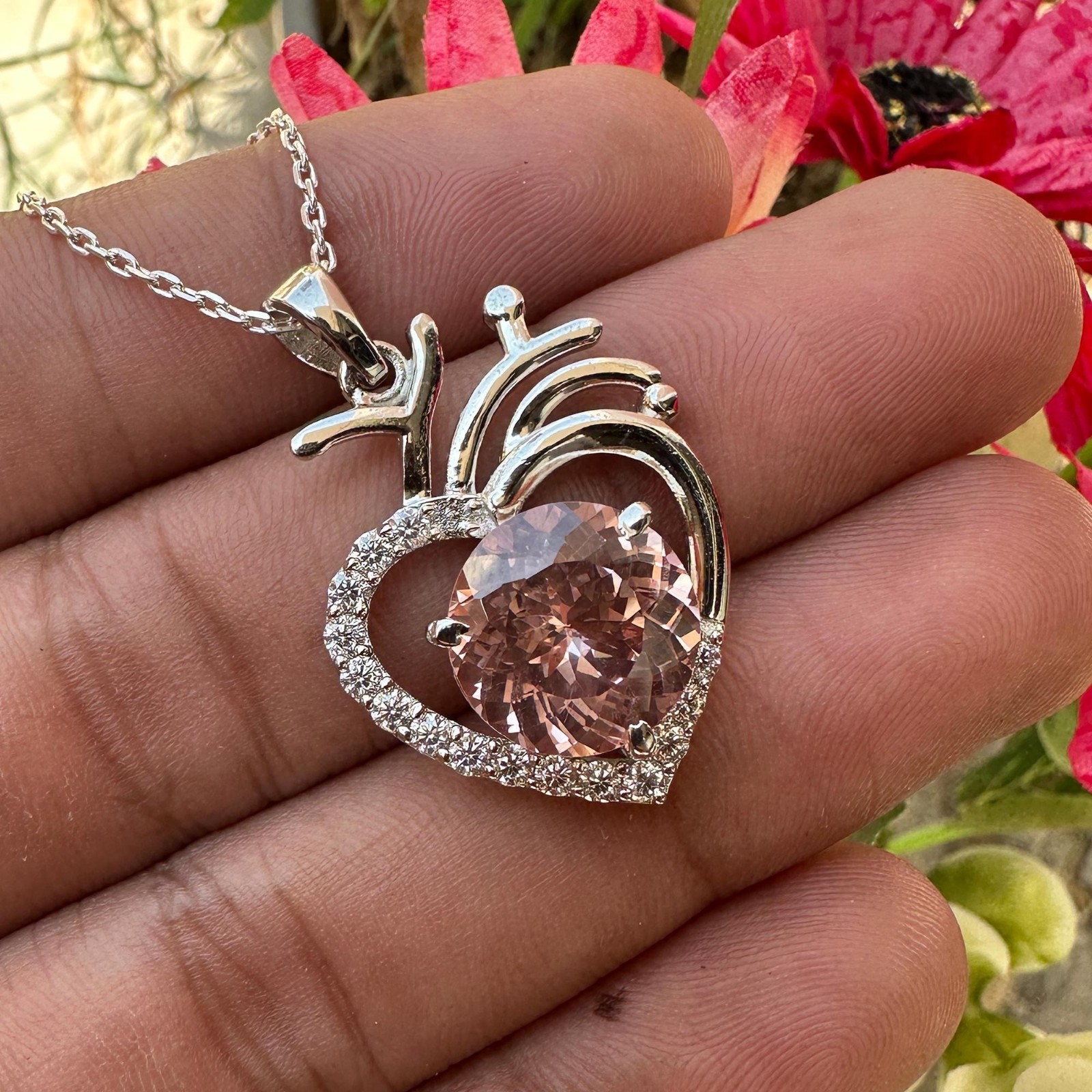 Certified Padparadscha Sapphire 30 Ct Heart Pendant Necklace 925 Sterling Silver