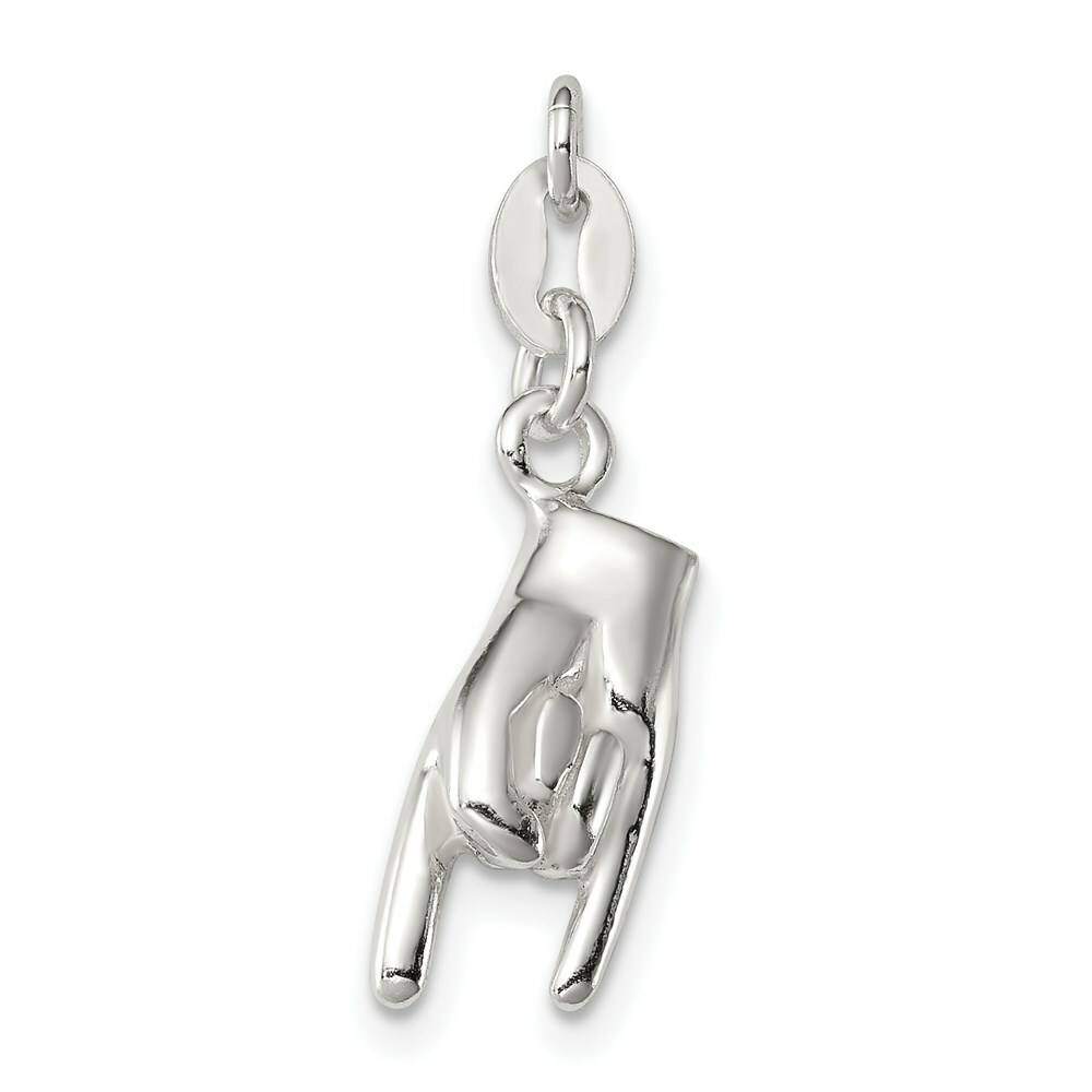 Sterling Silver Good Luck ROCK ON 3-D Hand Sign Charm Pendant 0.79″