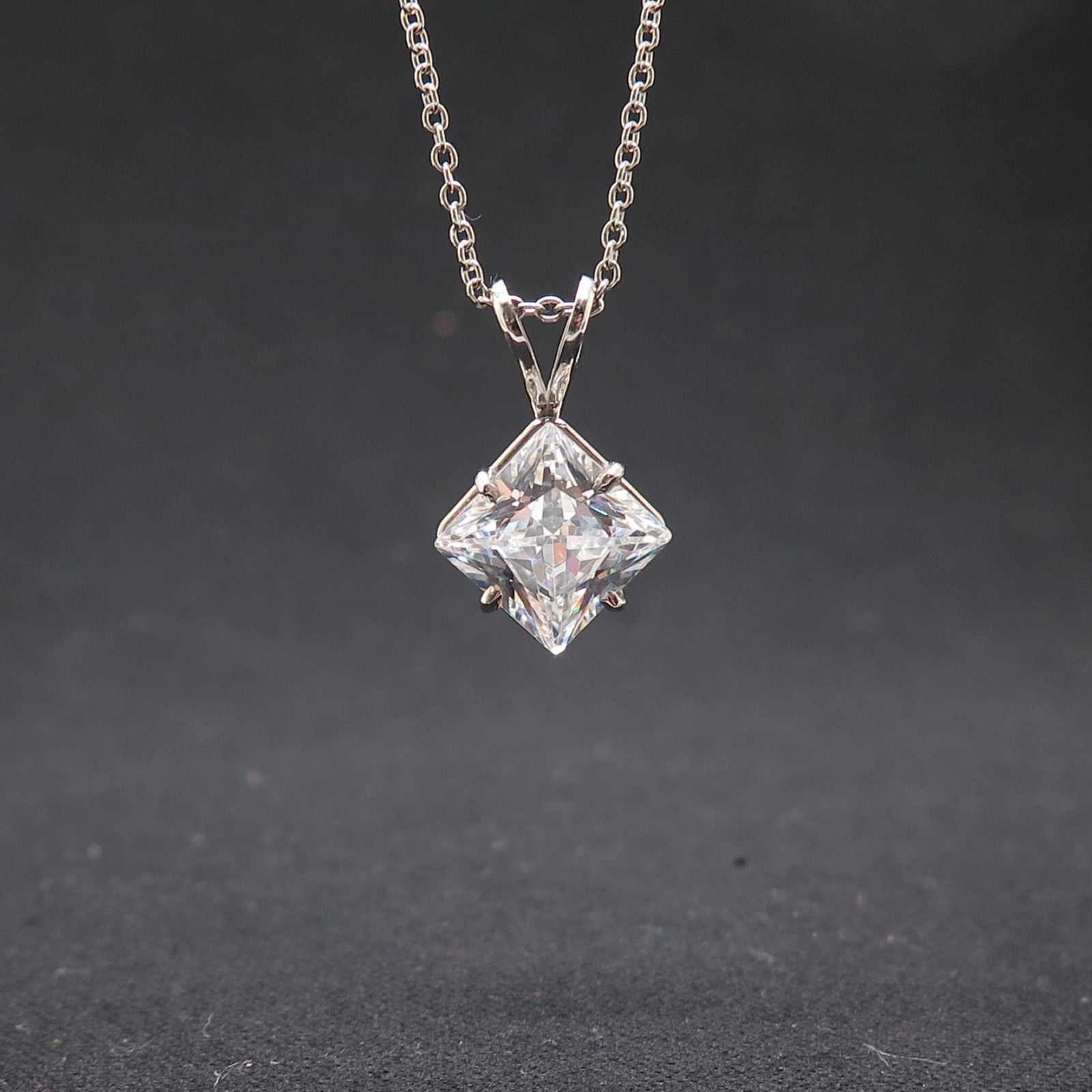 Platinum 950 Chain V Prong Princess-cut CZ Solitaire Pendant