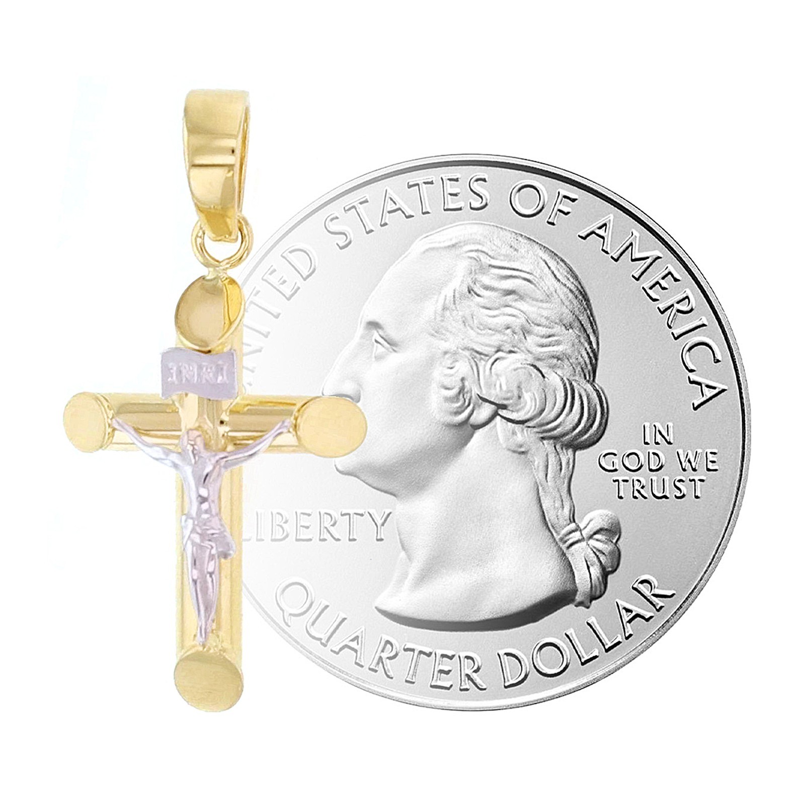 Italian 14k Two-Tone Gold 3D INRI Crucifix Cross Charm Pendant 1.1″ 1 gram