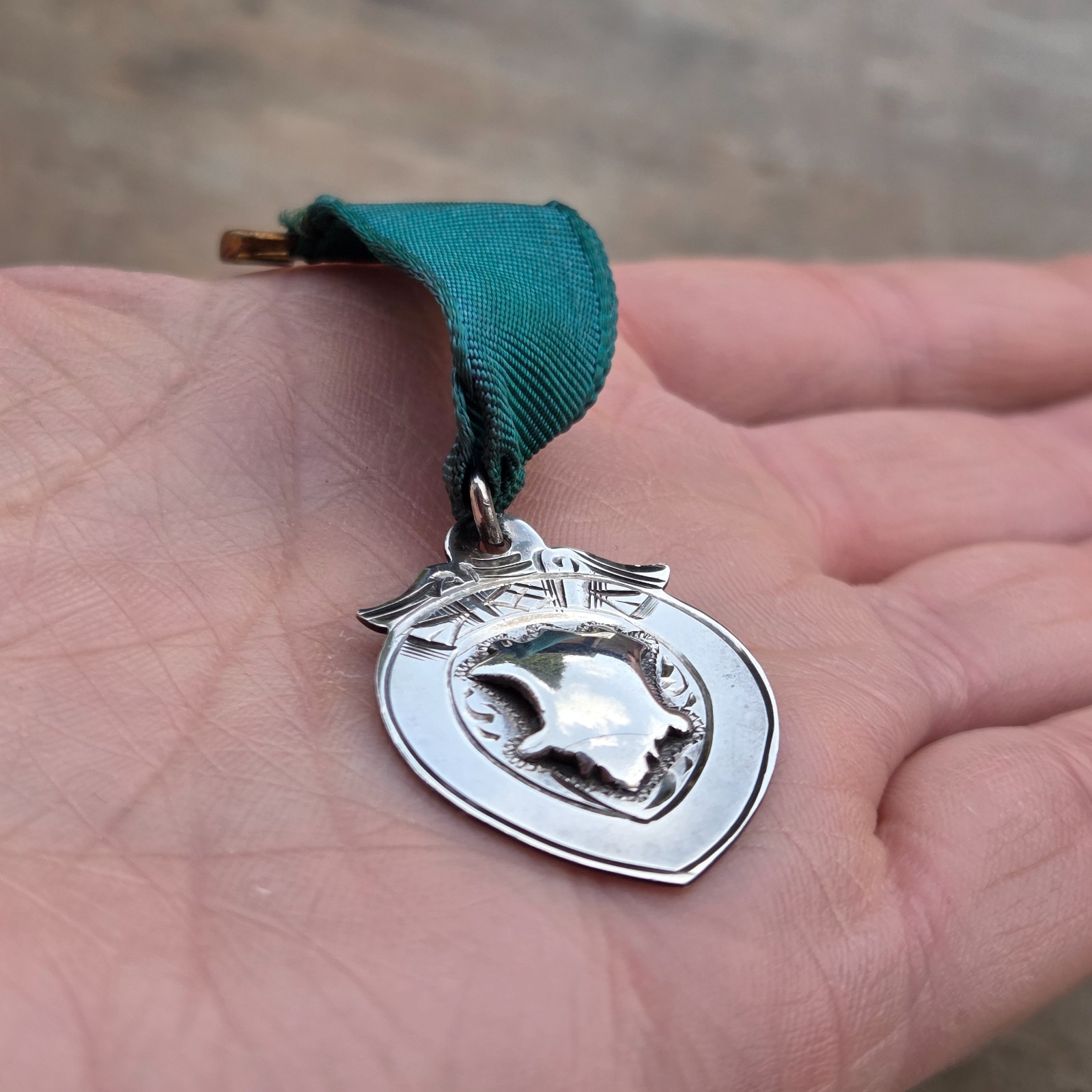 Antique HM Solid Sterling Silver Shield Watch Fob Medal Pendant on Ribbon Brooch