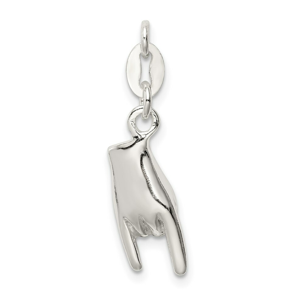 Sterling Silver Good Luck ROCK ON 3-D Hand Sign Charm Pendant 0.79 Inch