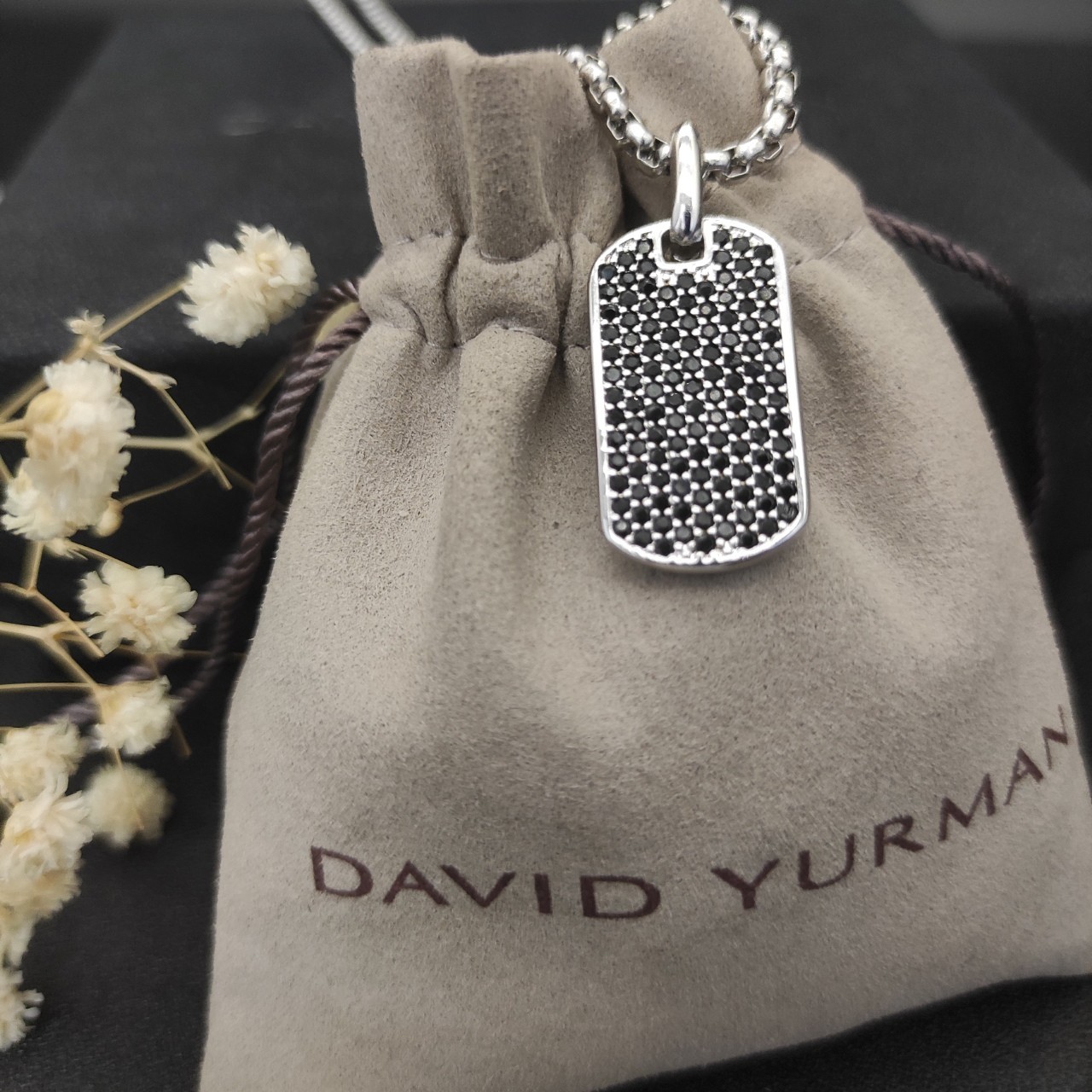 David Yurman 925 Silver Pavé Black Diamond Dog Tag Pendant Box Chain Necklace 55
