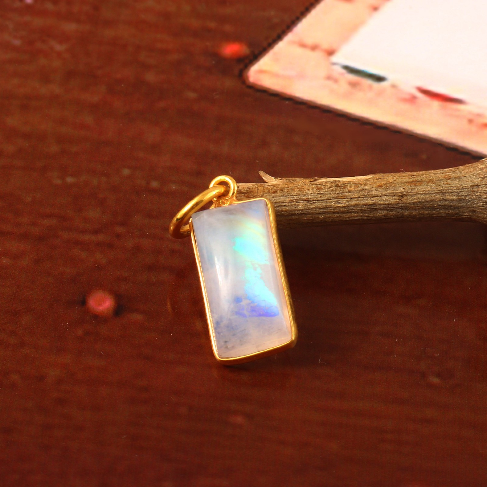 Solid 14K Gold Moonstone Drop Pendant Natural Blue Sheen Gemstone 3162