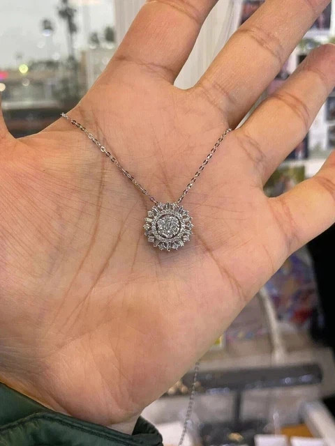 Lab Grown Diamond Cluster Pendant 2Ct Round Cut Necklace 14K White Gold Plated