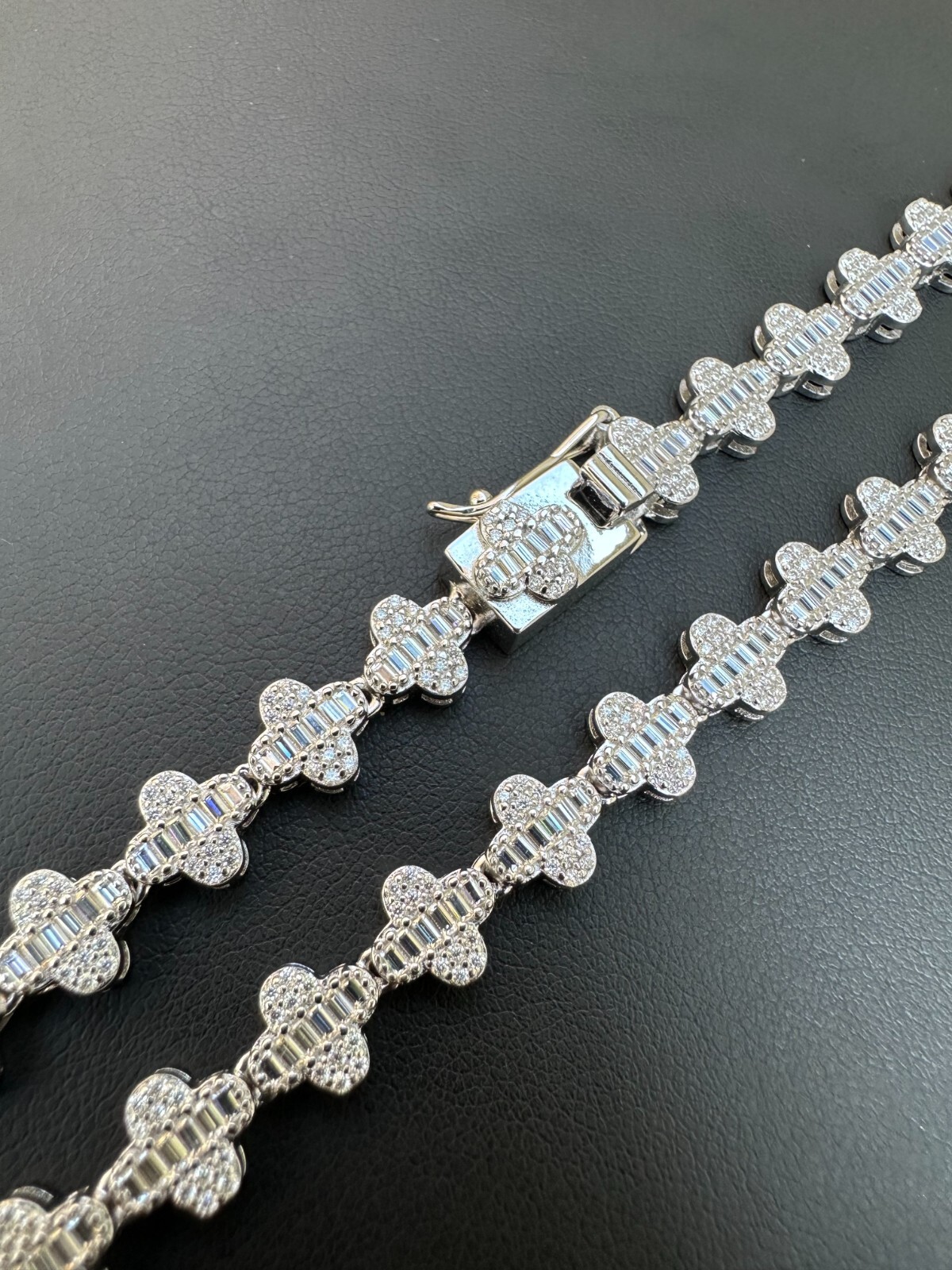 Real Iced MOISSANITE Baguette Clover Tennis Chain Necklace – VVS D Color 8mm