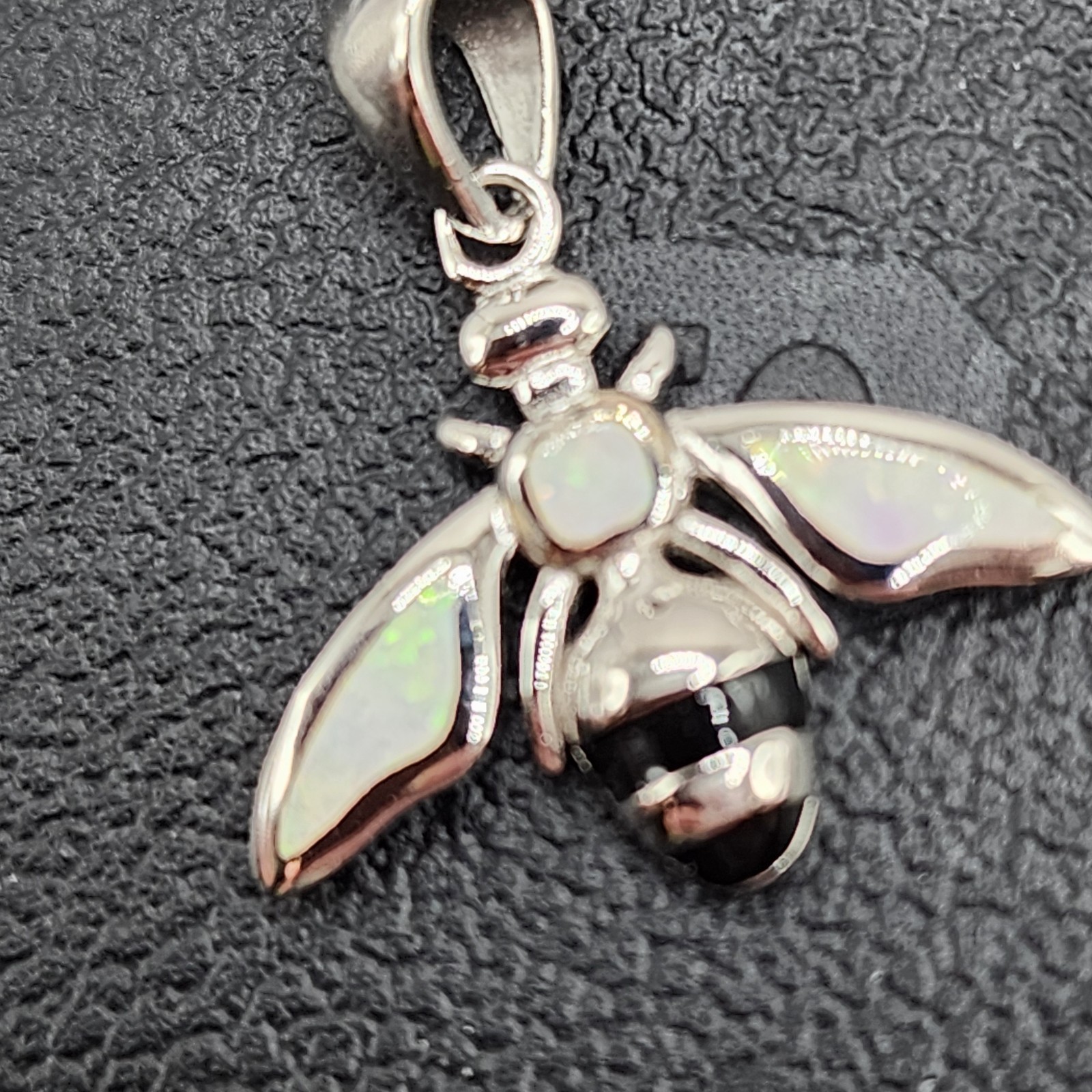 925 NEW Sterling Silver Pendant- BEE w/Lab Created Opal 17mm Length 19 Width…