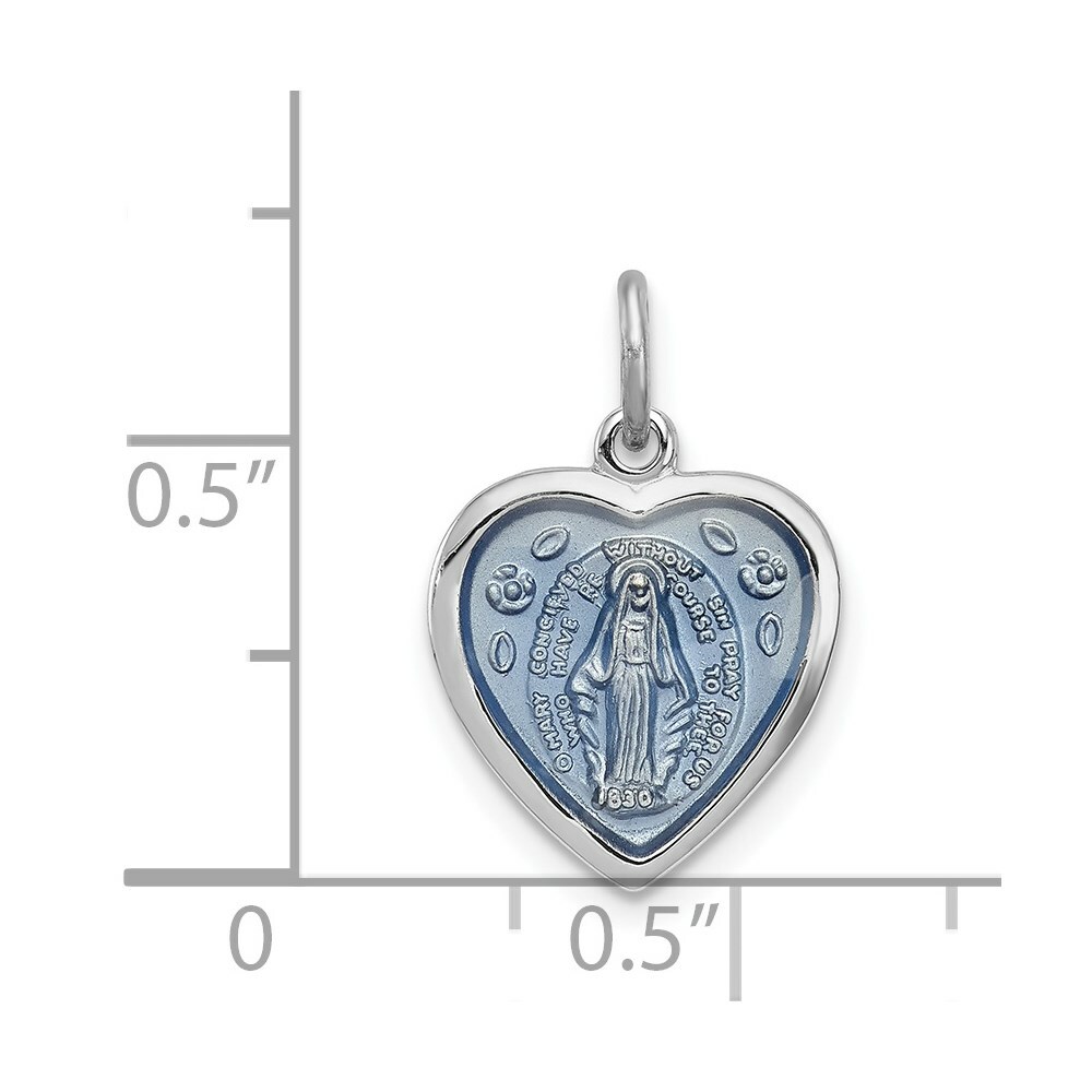 Sterling Silver w/ Blue Epoxy Miraculous Mary Medal in Heart Pendant 0.75 Inch