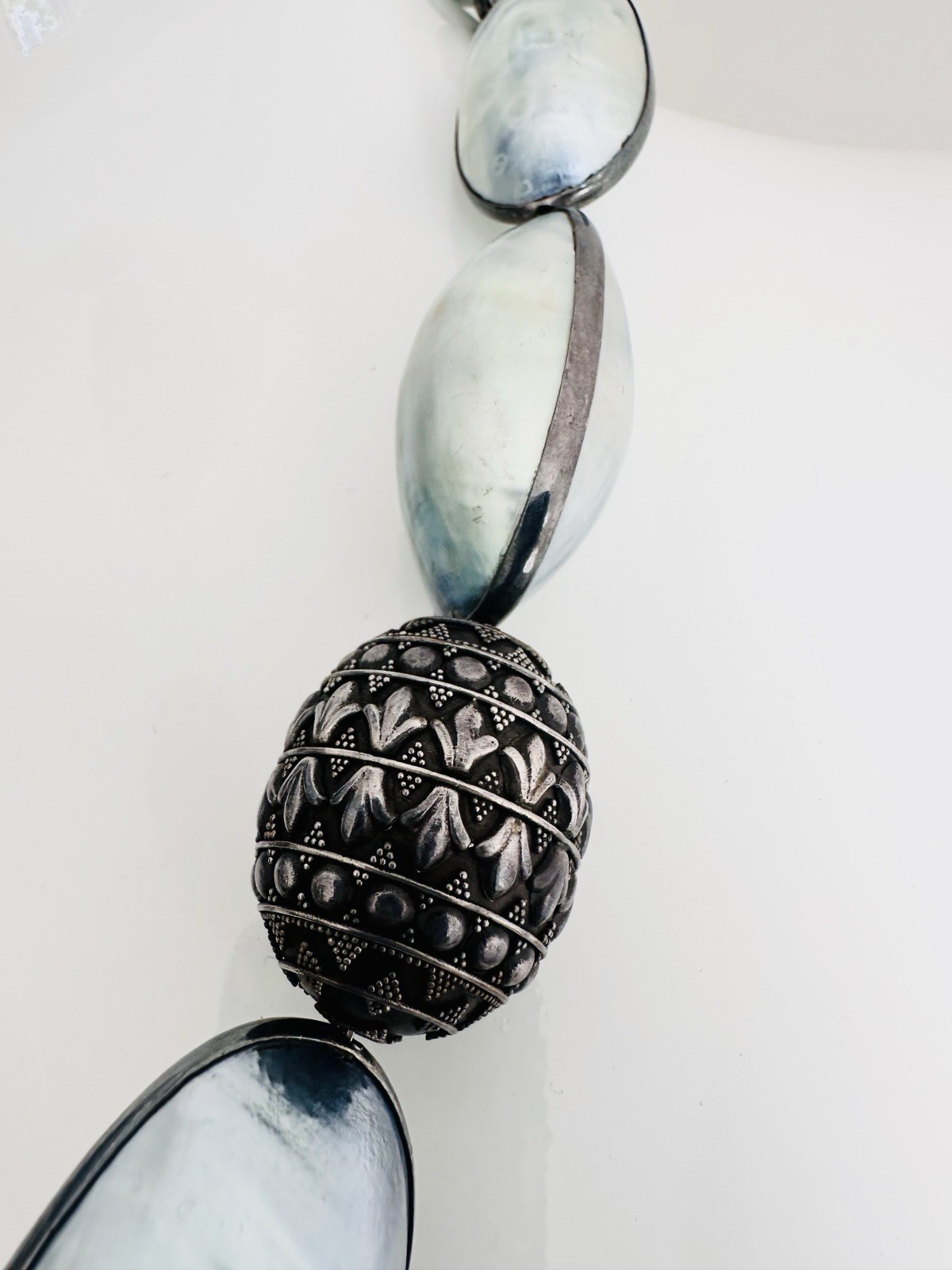 Rare Nautilus Osmena Pearl Antique 925 Silver Necklace 70cm Blue-Gray Iridescent