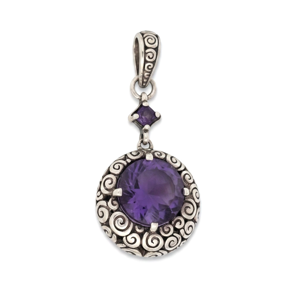 INCREDIBLE BALI STERLING SILVER PURPLE STONE DANGLE PENDANT 7.3GR #3477