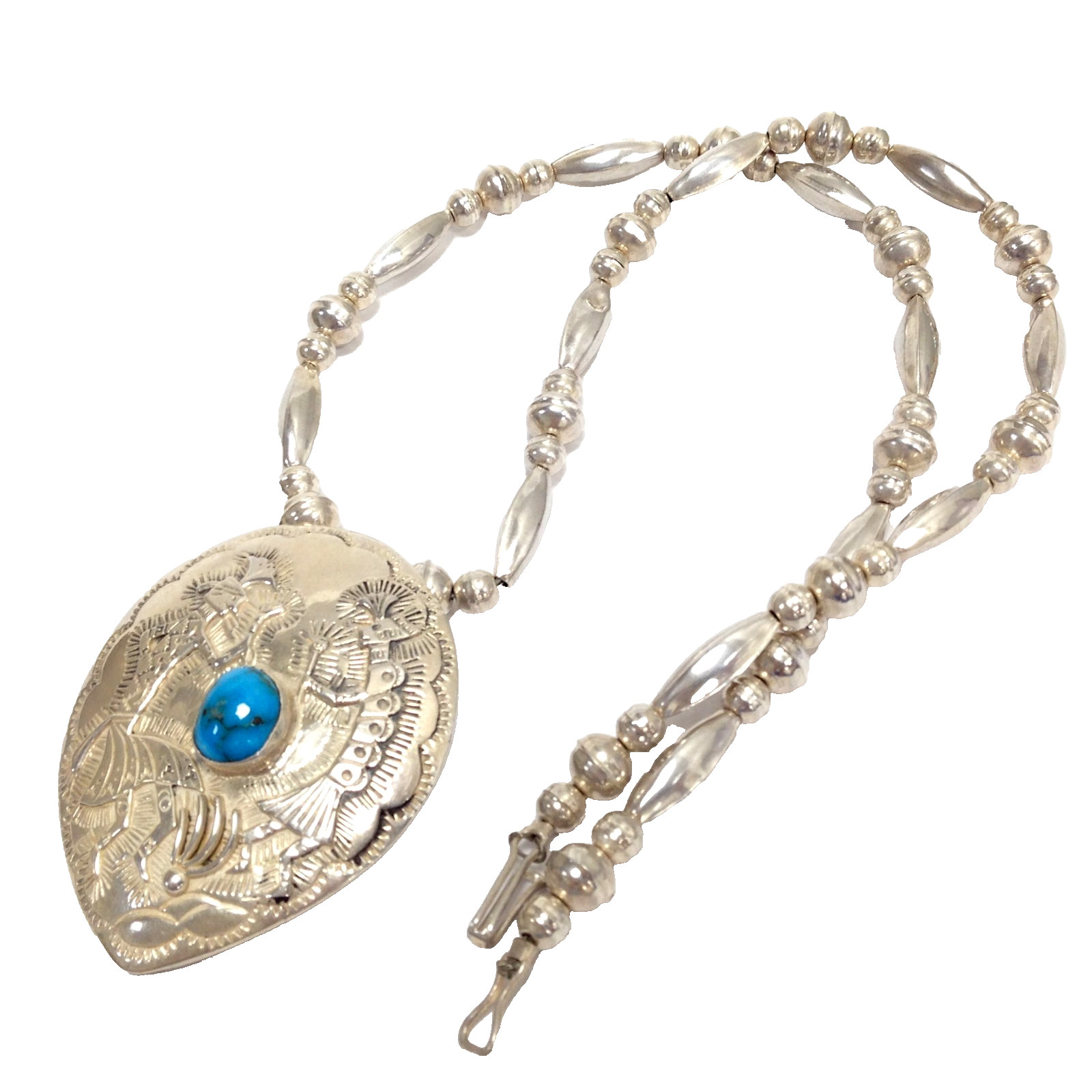 Sterling Silver Southwestern Kokopelli Shield Pendant Turquoise Necklace 23.5″
