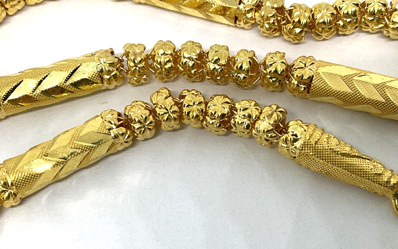 Thai 23K Solid Yellow Gold Bead Bamboo Link Necklace 30.5 Grams Tested 24″ long