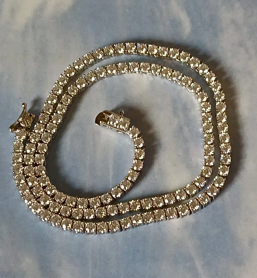 VVS D Color Moissanite Tennis Chain 16″ Rhodium Plated .925 St. Silv. 3mm W/box